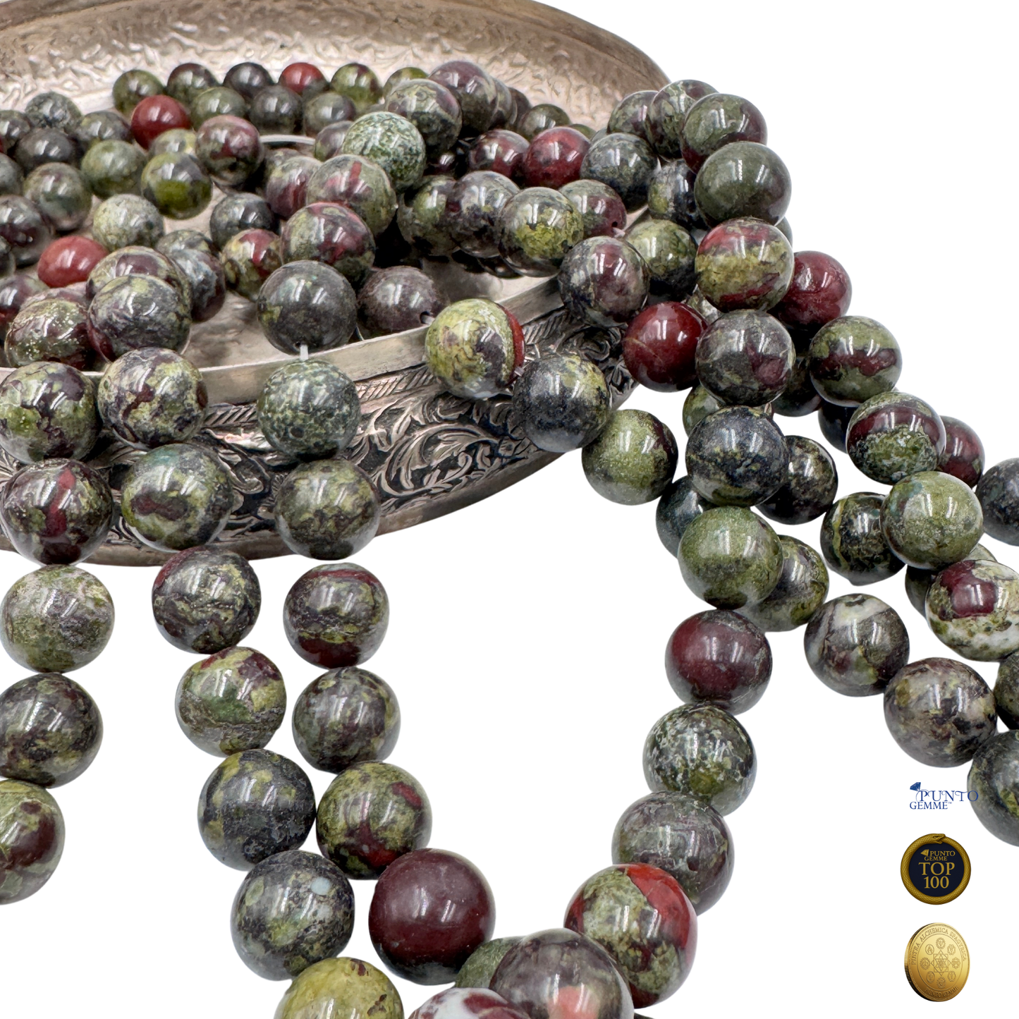 Dettaglio ravvicinato delle perle in Diaspro Sangue di Drago (PE0423-12) che evidenzia la finitura lucida e i pattern unici di ogni singola perla.