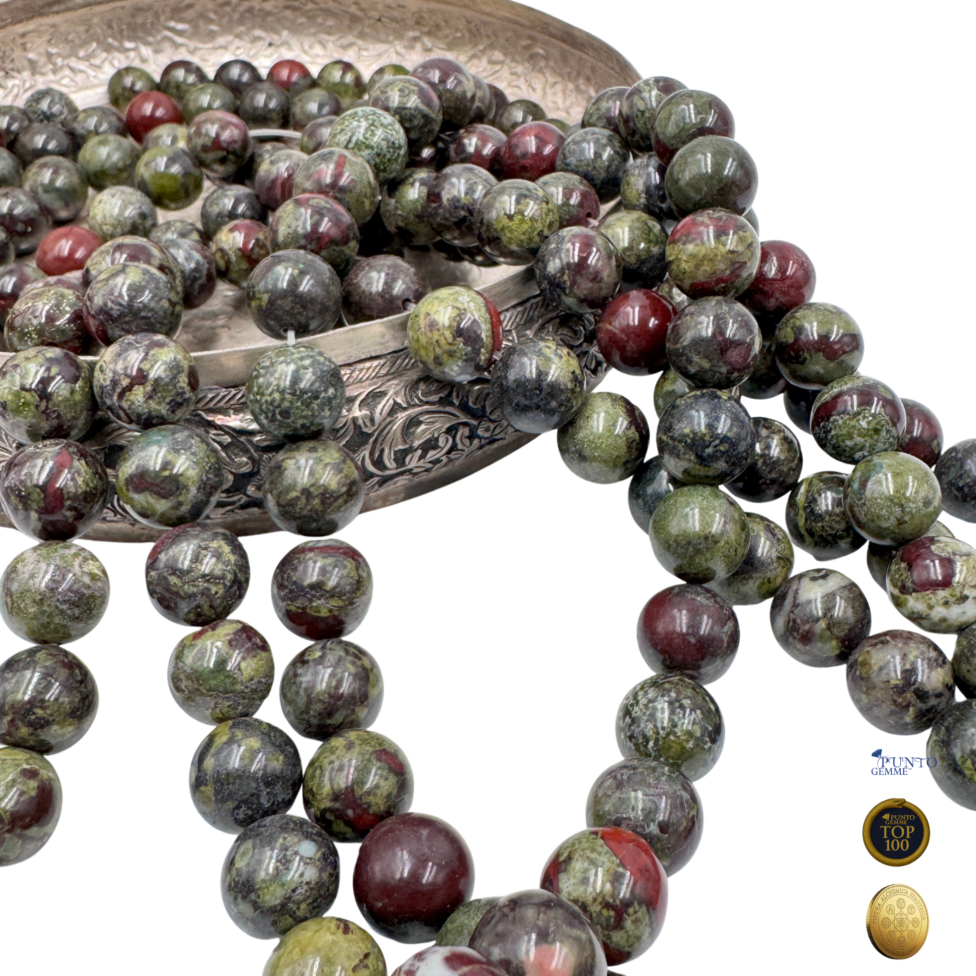 Dettaglio ravvicinato delle perle in Diaspro Sangue di Drago (PE0423-12) che evidenzia la finitura lucida e i pattern unici di ogni singola perla.