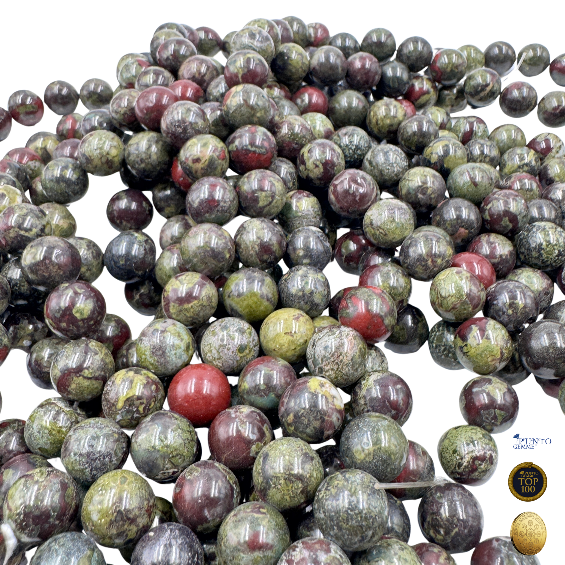 Perle tonde di Diaspro Sangue di Drago da 12 mm, molto belle e naturali, per creazioni che richiedono energia e radicamento.