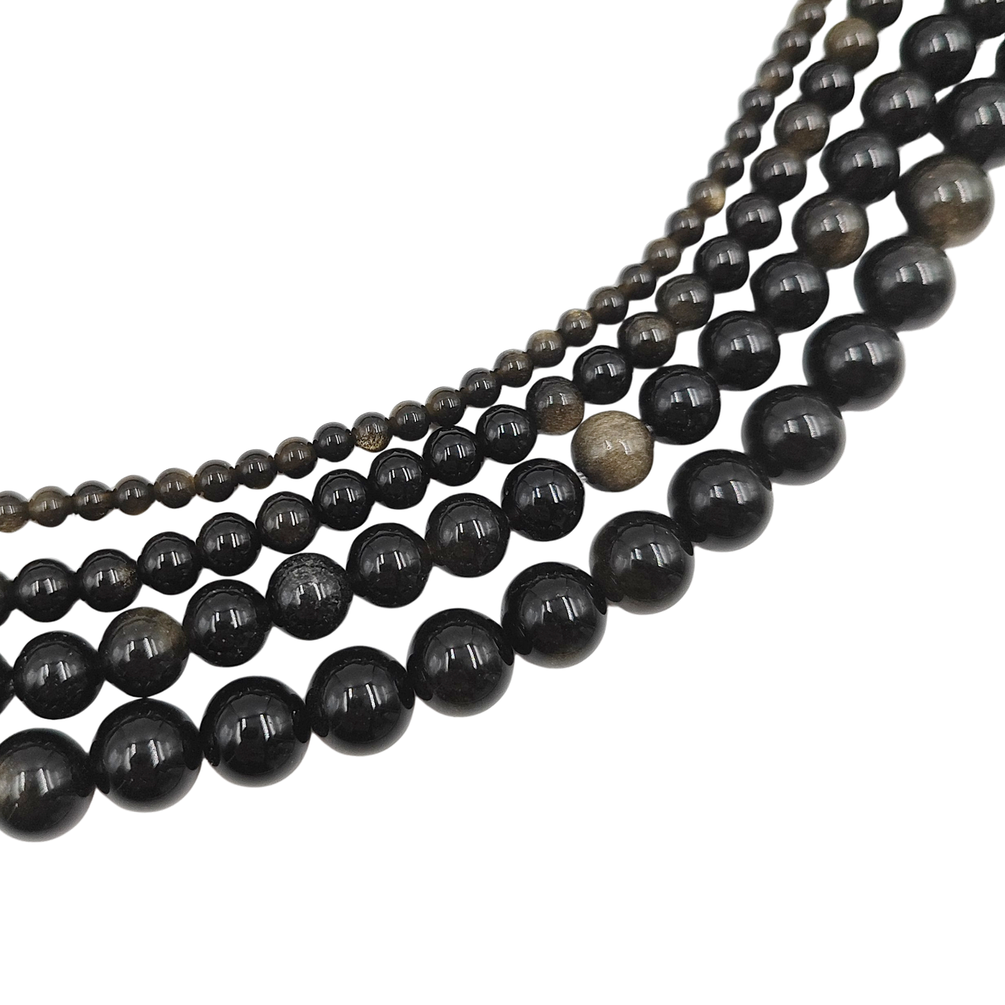 Filo di Ossidiana Gold naturale PE0440 in varie misure (4, 6, 8, 10mm), superficie tonda liscia e riflessi dorati.