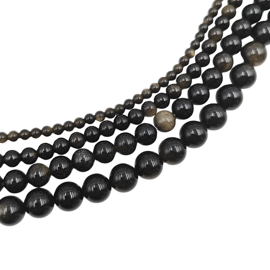 Filo di Ossidiana Gold naturale PE0440 in varie misure (4, 6, 8, 10mm), superficie tonda liscia e riflessi dorati.