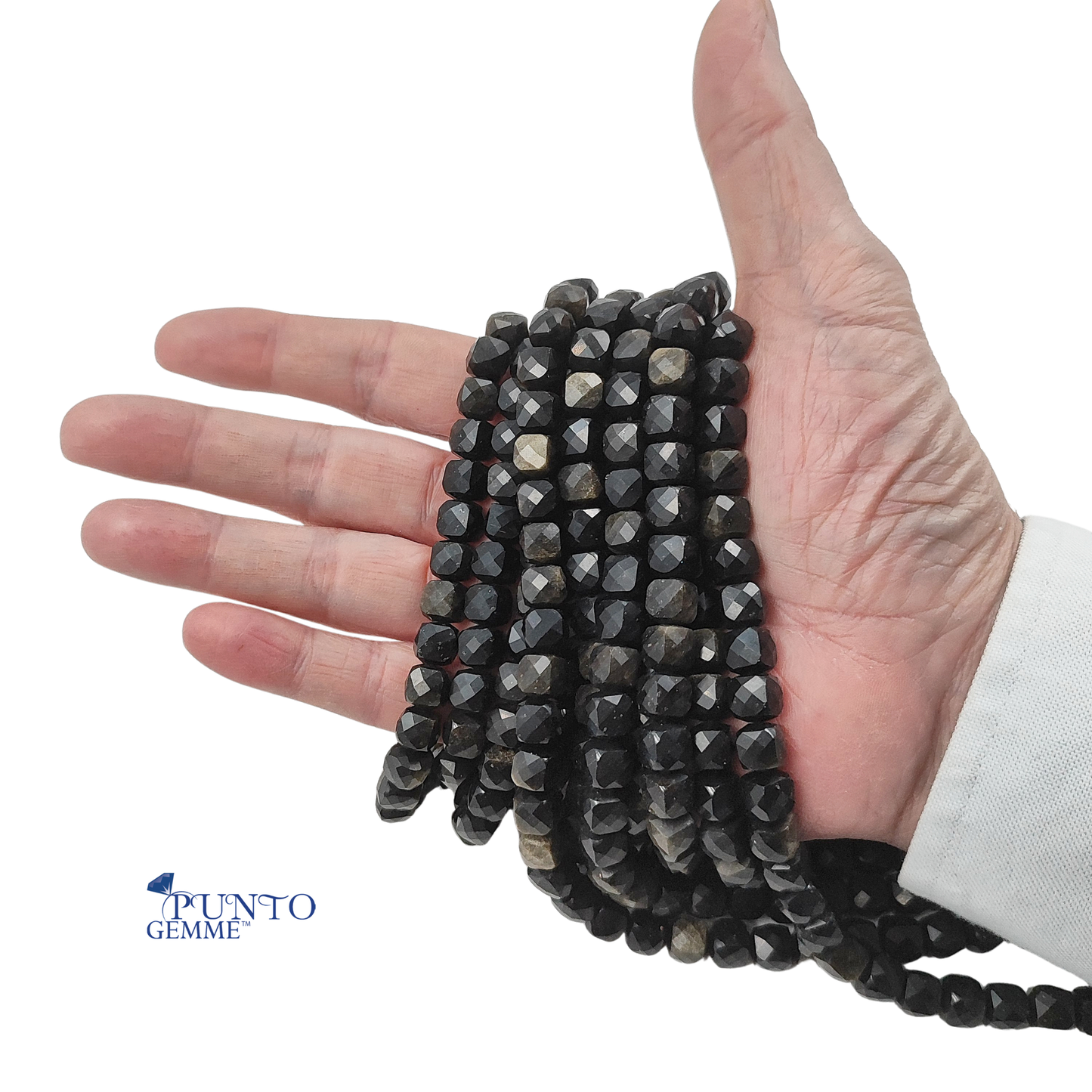 Filo di Ossidiana Dorata naturale PE0441-08 con perle sfaccettate da 8 mm e riflessi d'oro intensi.