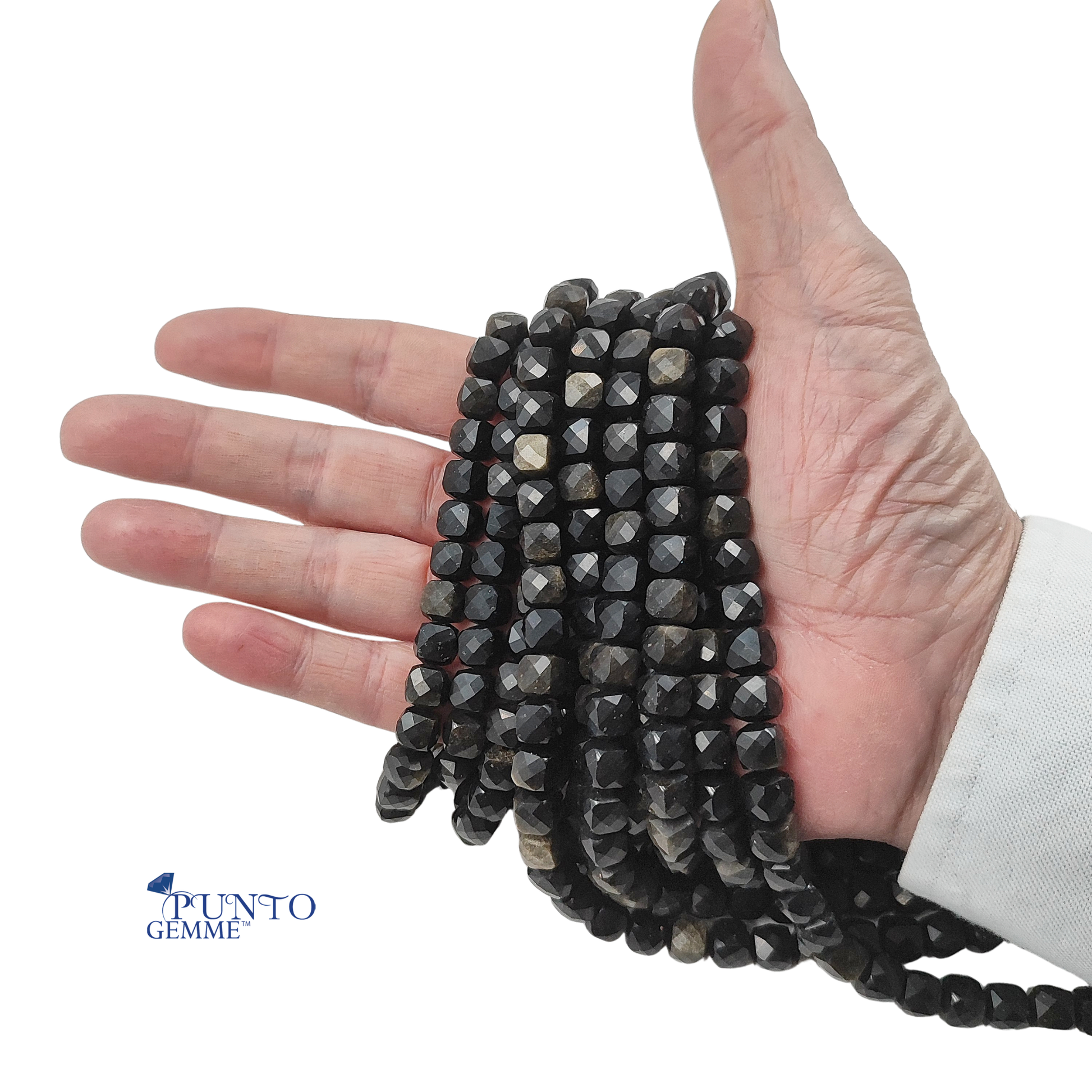 Filo di Ossidiana Dorata naturale PE0441-08 con perle sfaccettate da 8 mm e riflessi d'oro intensi.