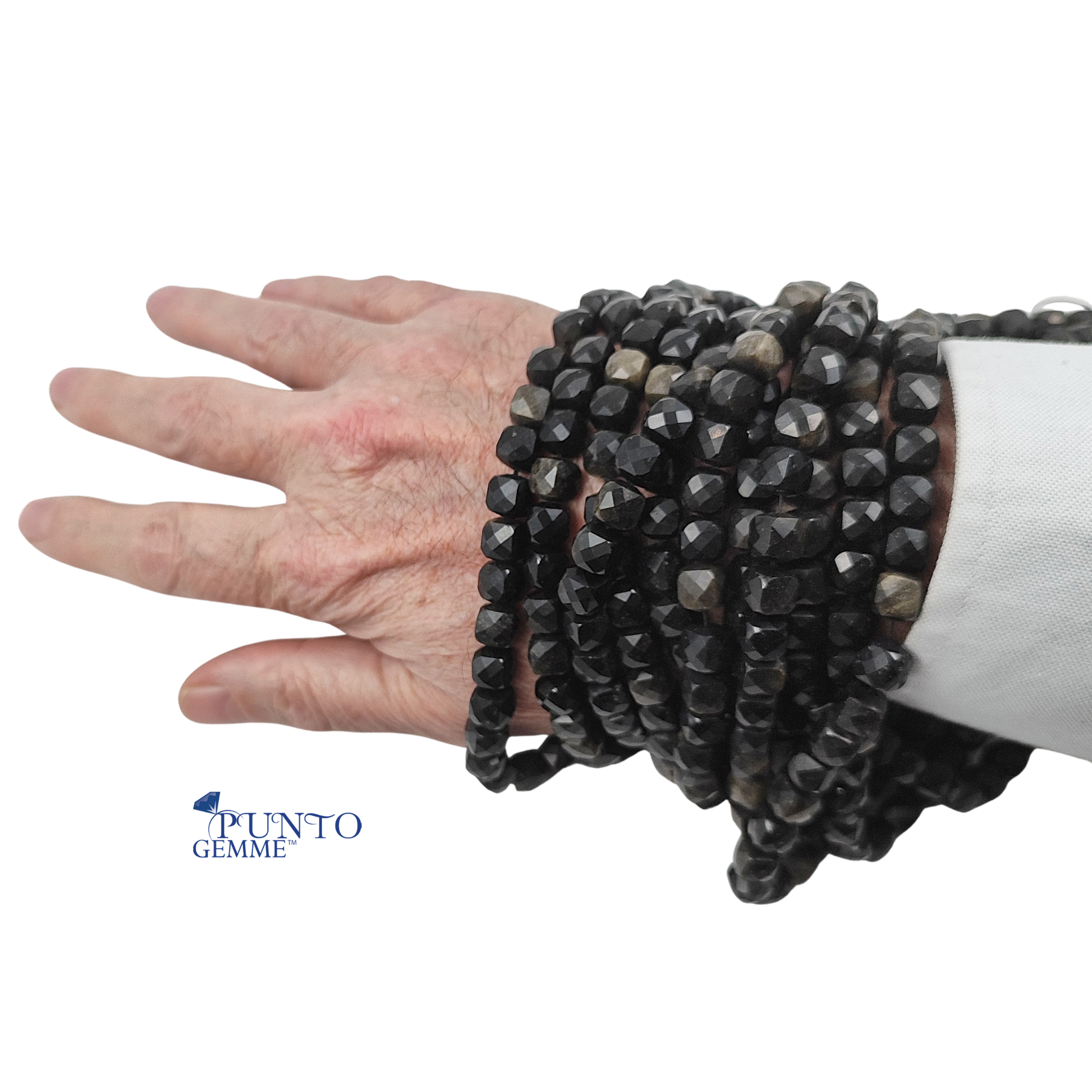 Perle sfaccettate di Ossidiana Dorata PE0441-08, simbolo di equilibrio tra luce e oscurità vulcanica.