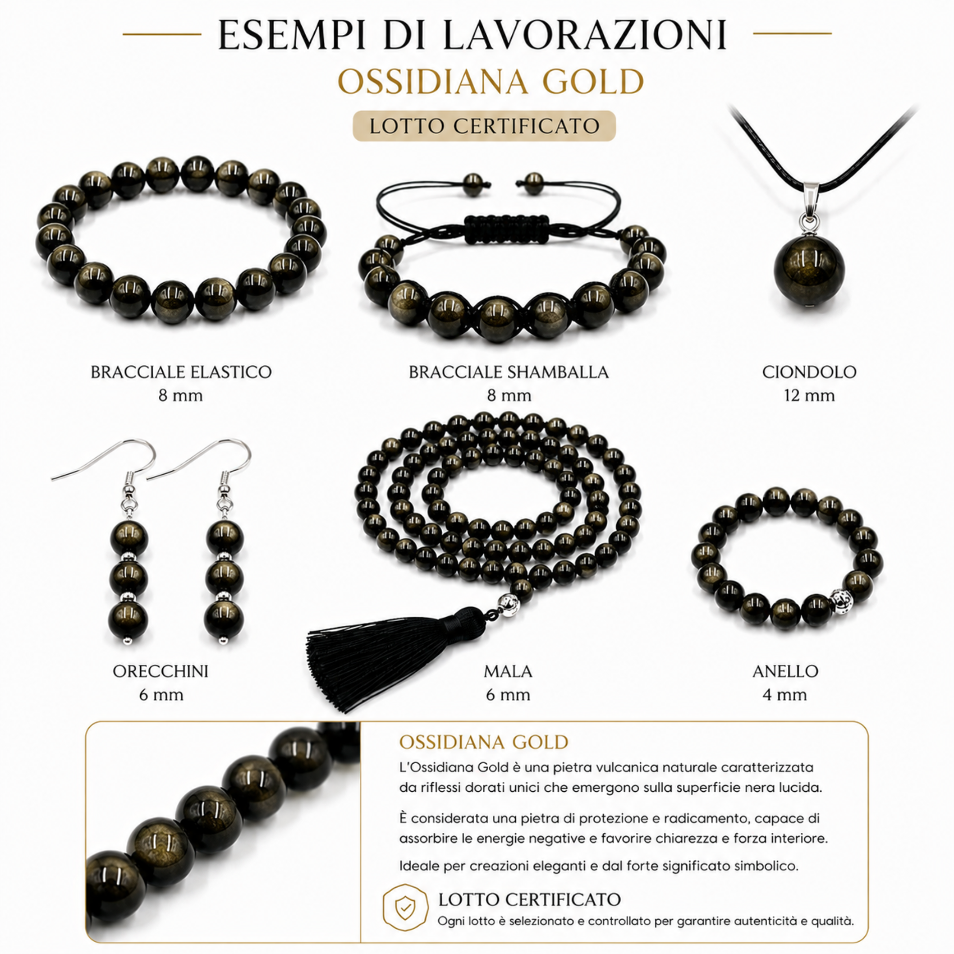Esempi di lavorazione  Filo Ossidiana Gold naturale PE0440 per gioielli 