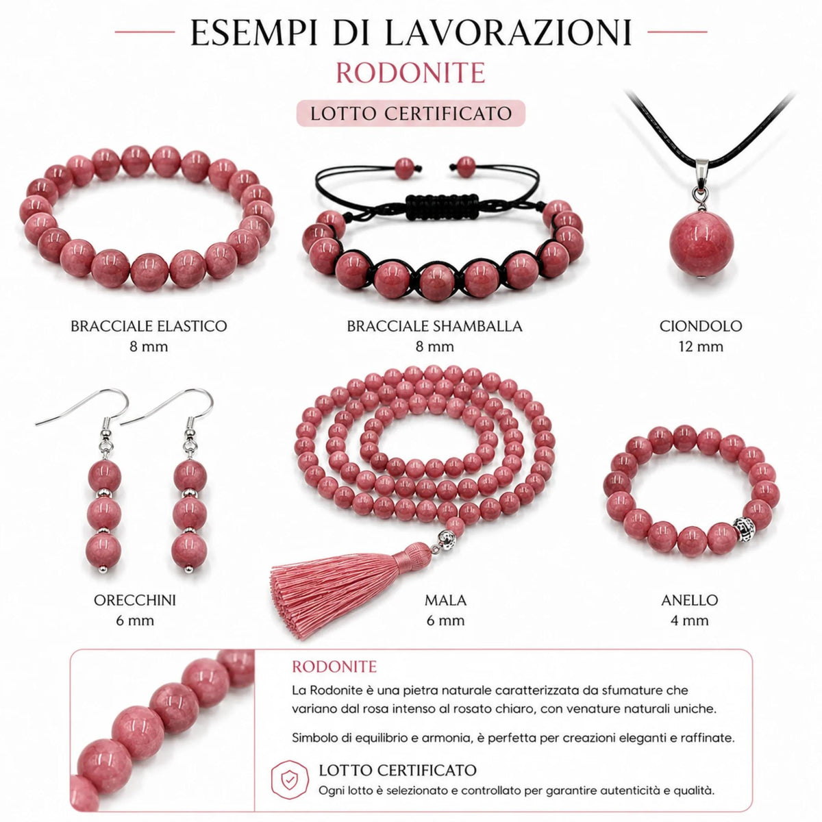 Filo Rodonite Pietra Naturale Rosa 4 6 8 10 mm Certificato Esempi lavorazione