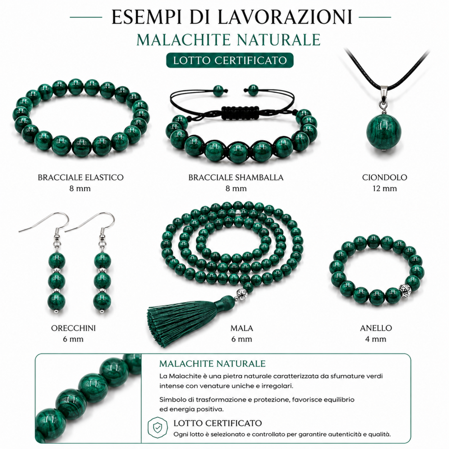 Esempi di lavorazioni Filo Malachite naturale PE0530 Punto Gemme 