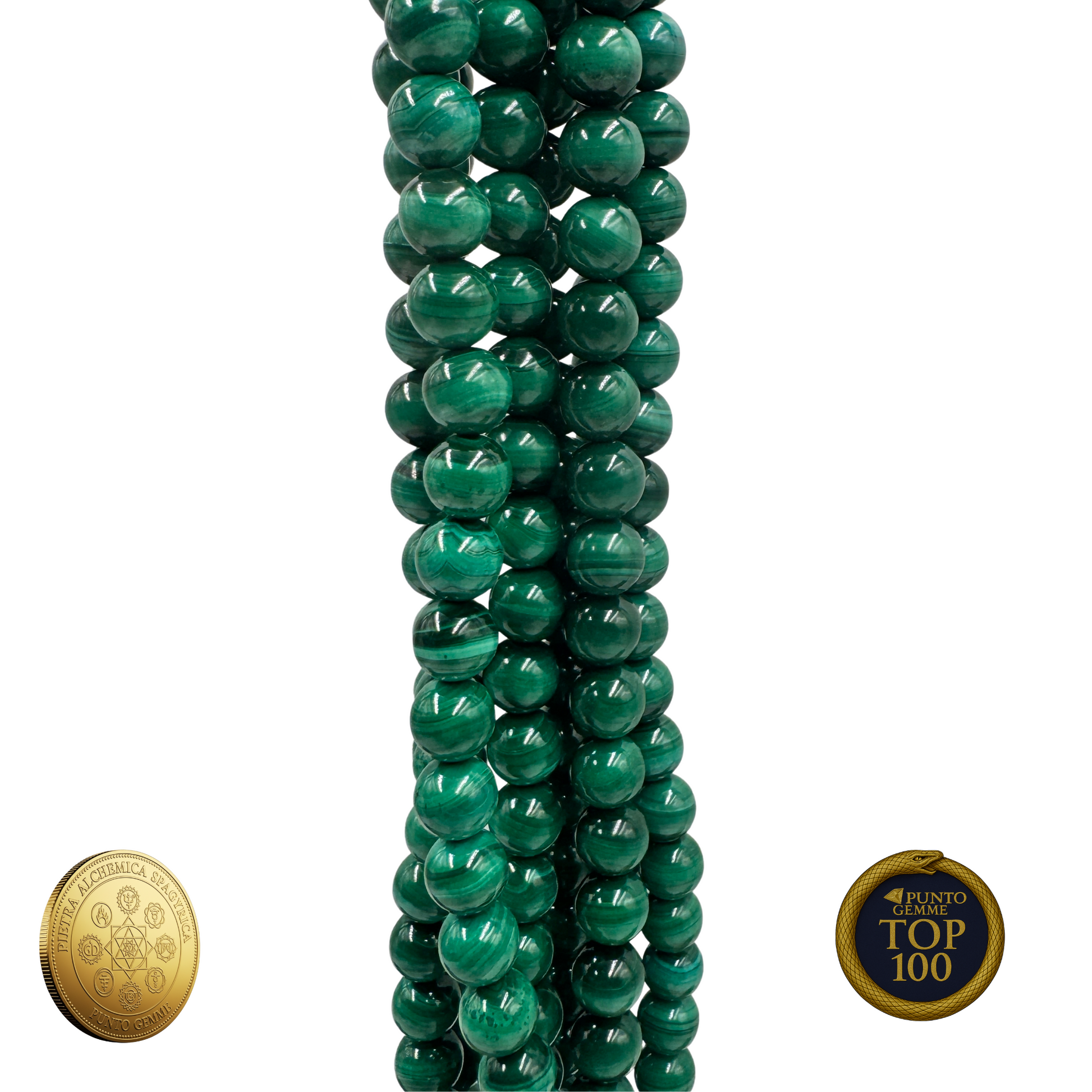 Filo completo di Malachite Naturale PE0530-08, che mostra la bellezza del suo colore.
