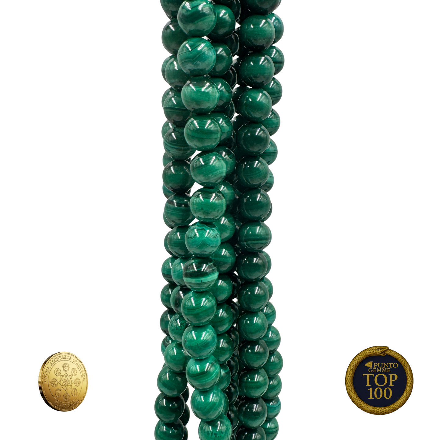 Filo completo di Malachite PE0530-08, che mostra l'uniformità del taglio e del colore.