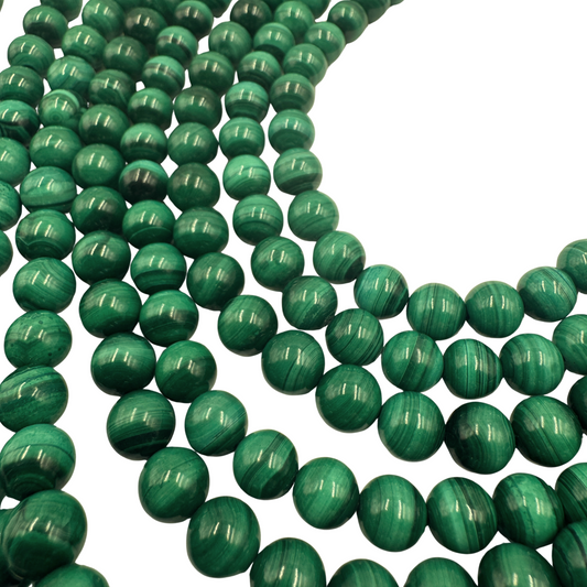 Malachite naturale 8mm perle tonde lisce, dettaglio ravvicinato delle striature verdi.