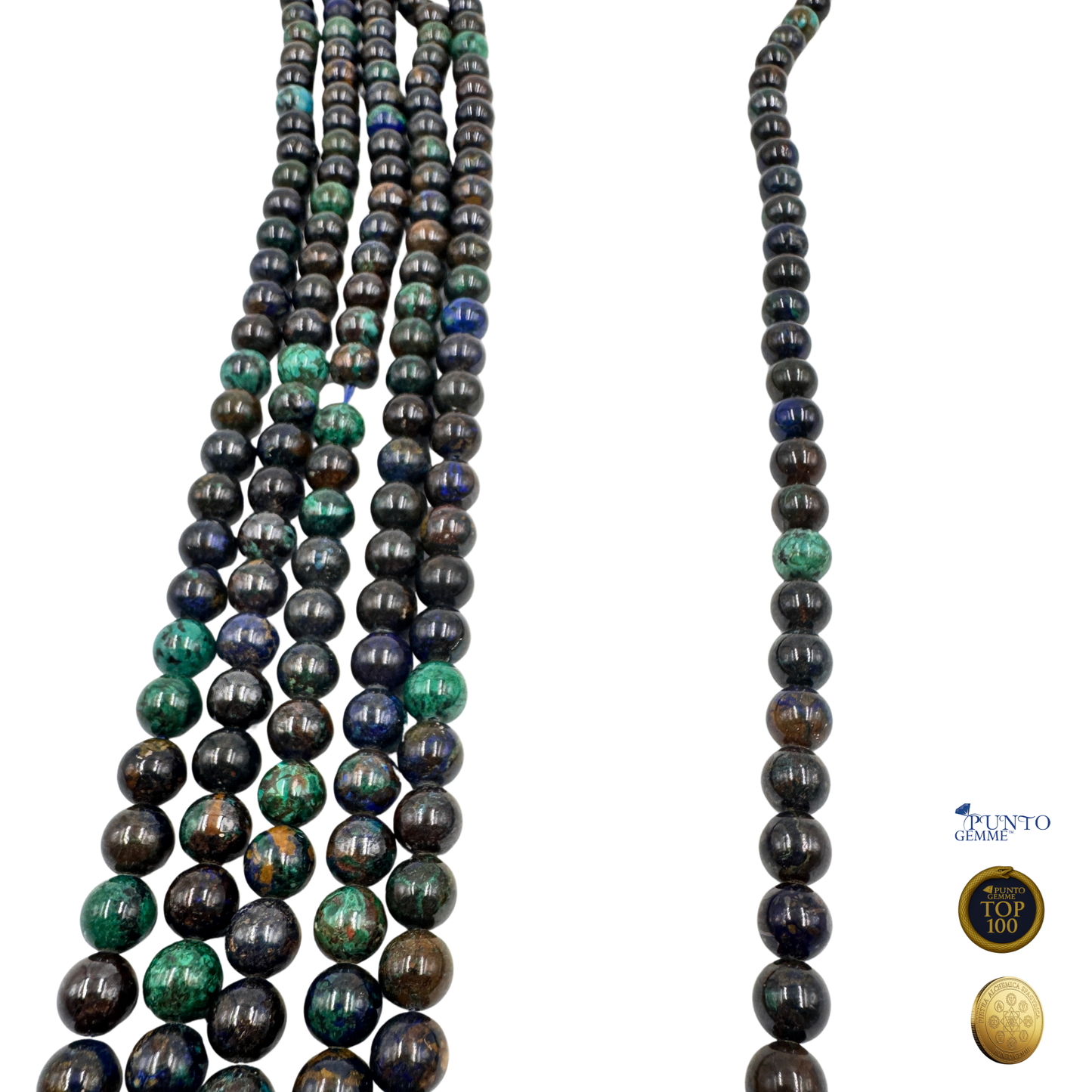 Fili di Azzurrite Crisocolla disteso su uno sfondo neutro per enfatizzare la sua alta qualità.