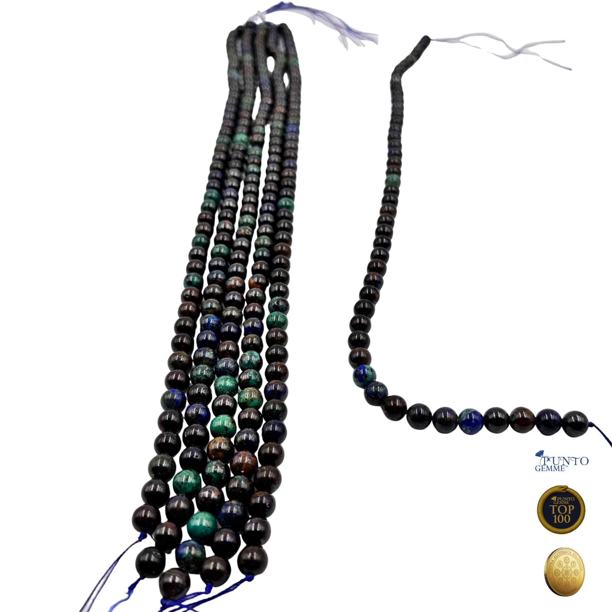 Filo di Azzurrite Crisocolla disteso su fondo bianco per enfatizzare la sua alta qualità.