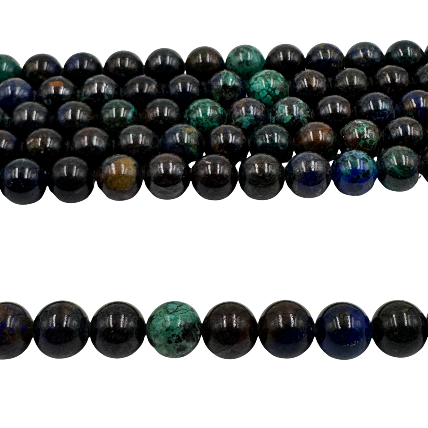 Primo piano del filo di Azzurrite Crisocolla 8mm (TOP100) che mostra il contrasto tra il blu intenso e il turchese.