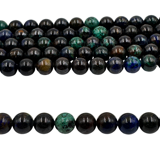 Primo piano del filo di Azzurrite Crisocolla 8mm (TOP100) che mostra il contrasto tra il blu intenso e il turchese.