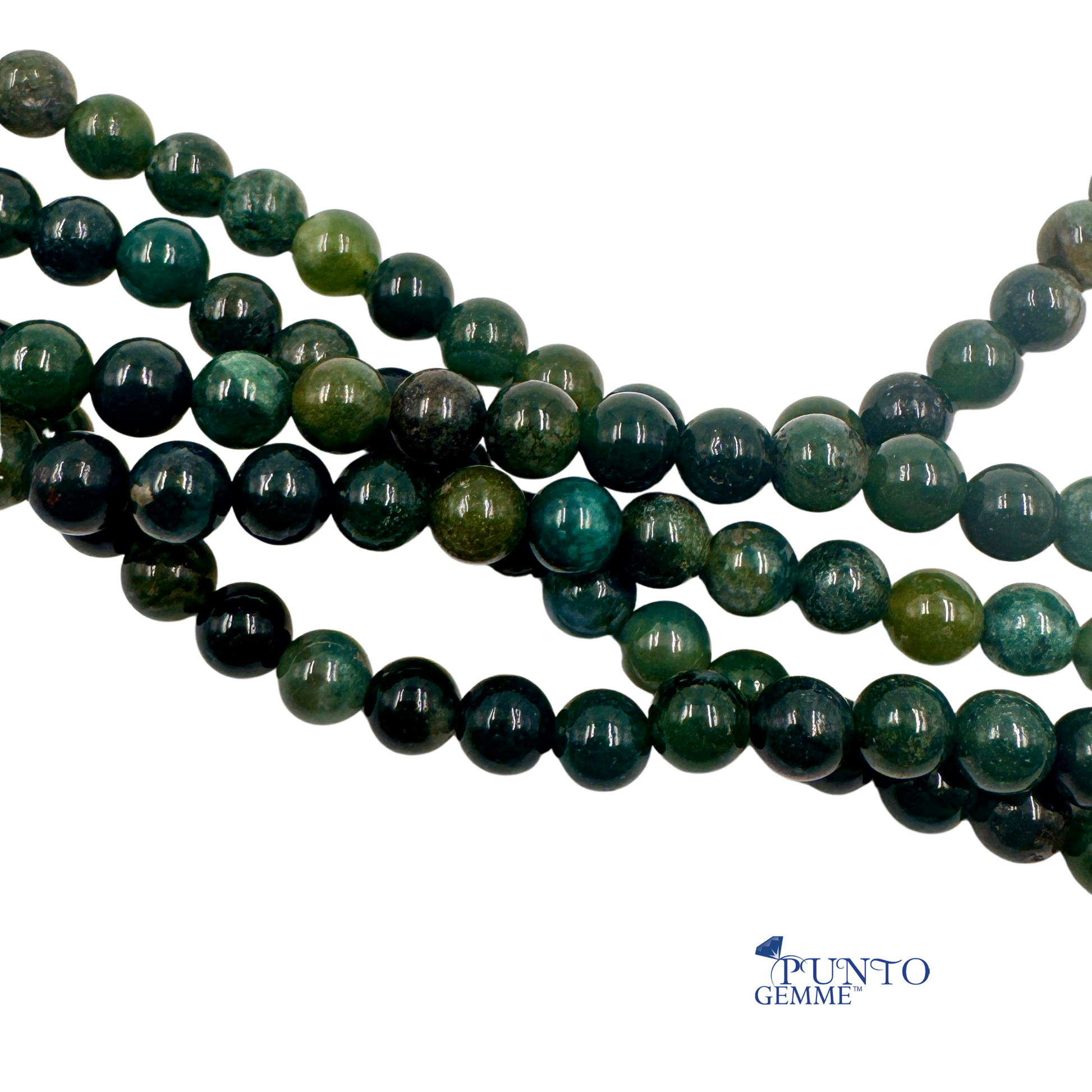 Dettagli perle di  Agata Muschiata PE0630-08, che mostrano la varietà dei motivi verdi.