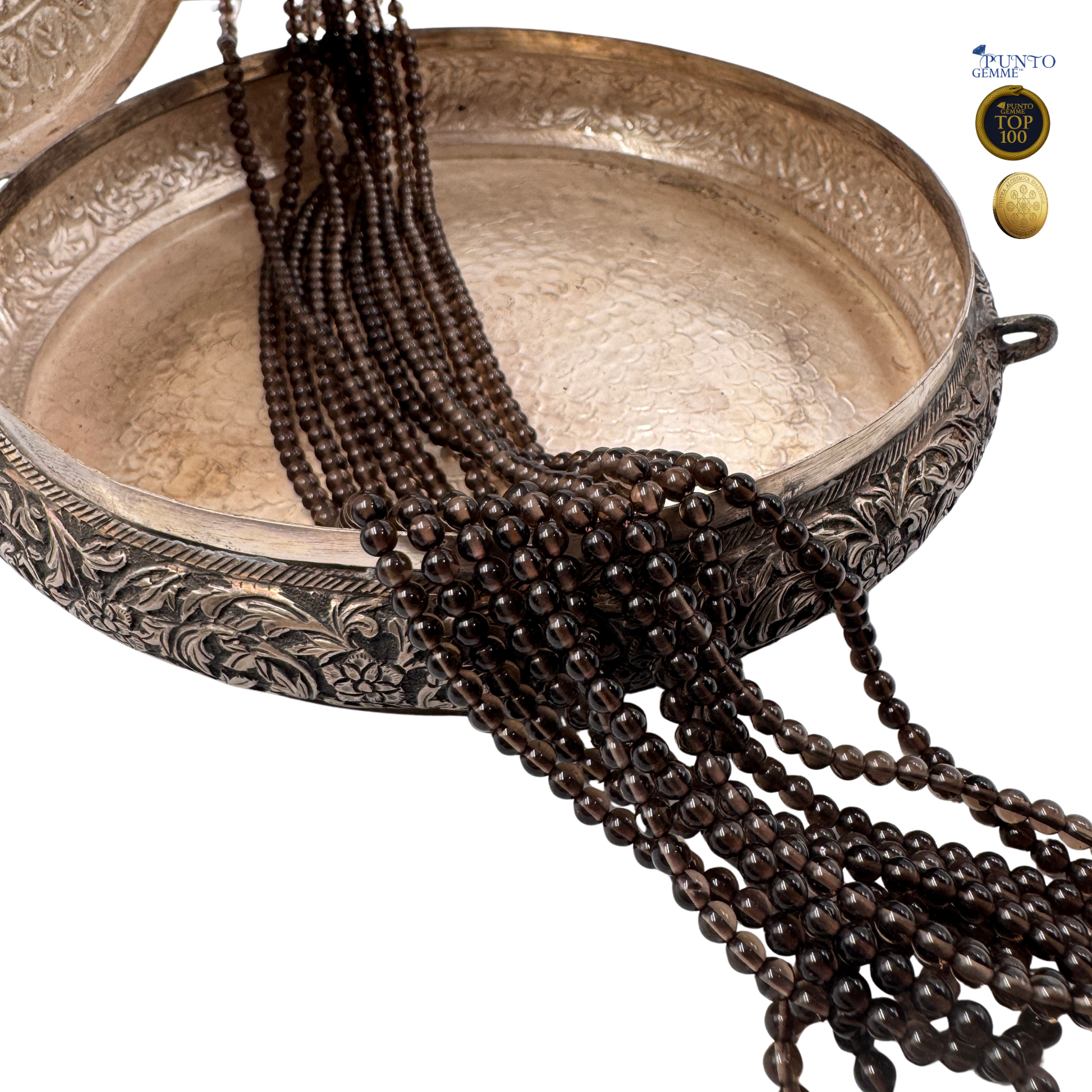 Filo di perle da 4 mm in Quarzo Fumè, piccole ma potenti, per creazioni che richiedono eleganza e protezione energetica.