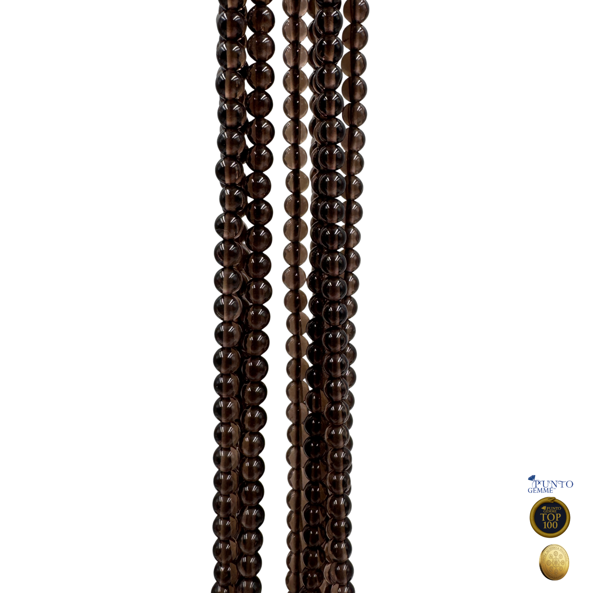 Scatto macro di perle tonde di Quarzo Fumè Grado AA (PE0781-04), la pietra di stabilità associata al Chakra della Radice.