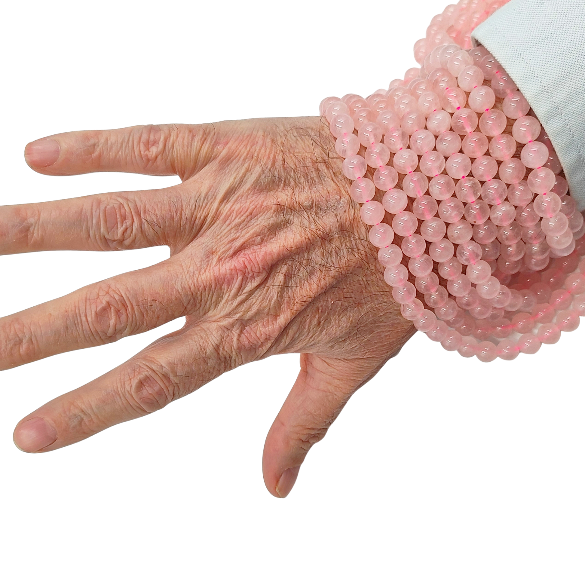 Filo di Quarzo Rosa naturale PE0792-08 con perle tonda liscia da 8 mm, tonalità rosa pastello delicata.