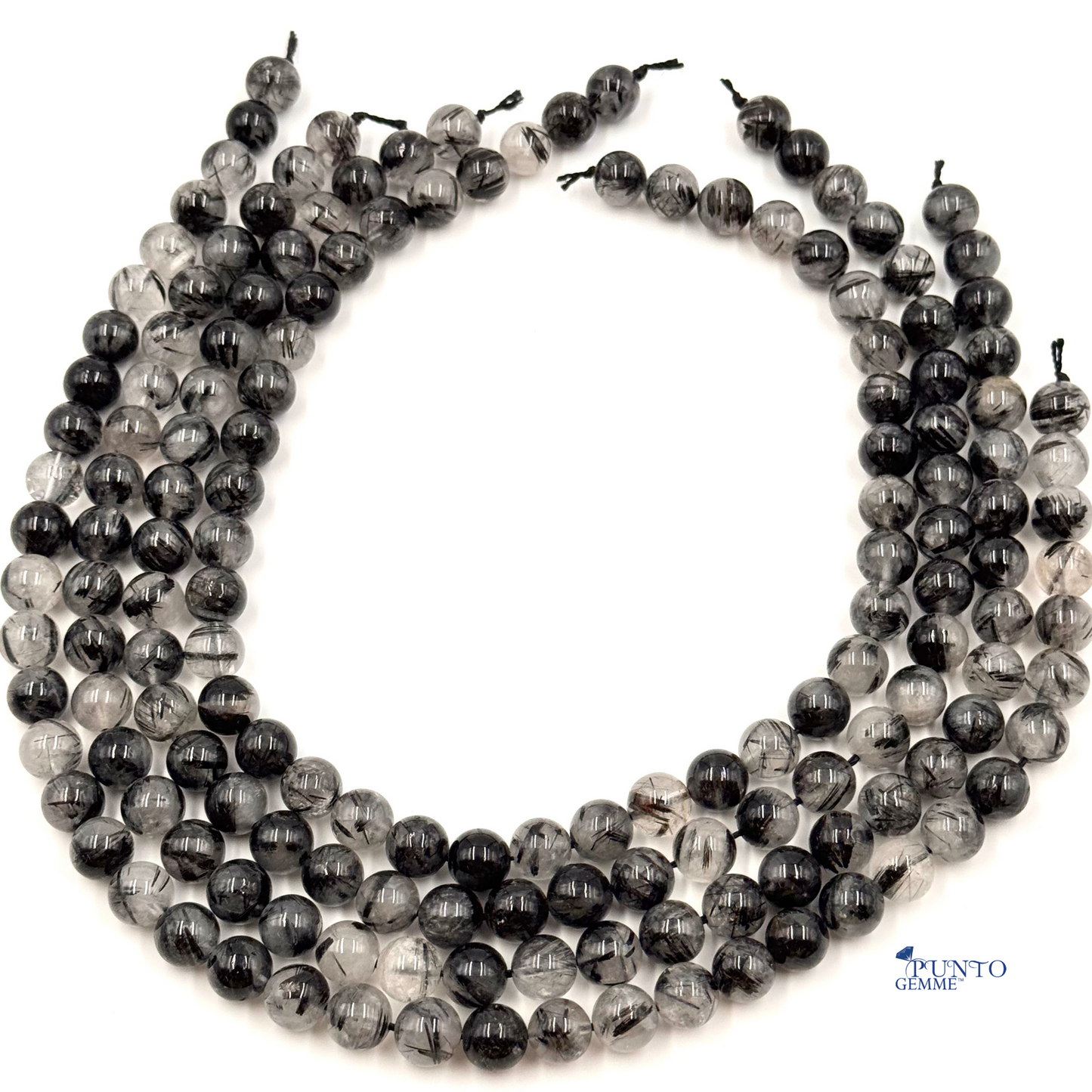 Filo di perle Quarzo Tormalinato Nero 6 mm, quarzo trasparente con aghi neri .