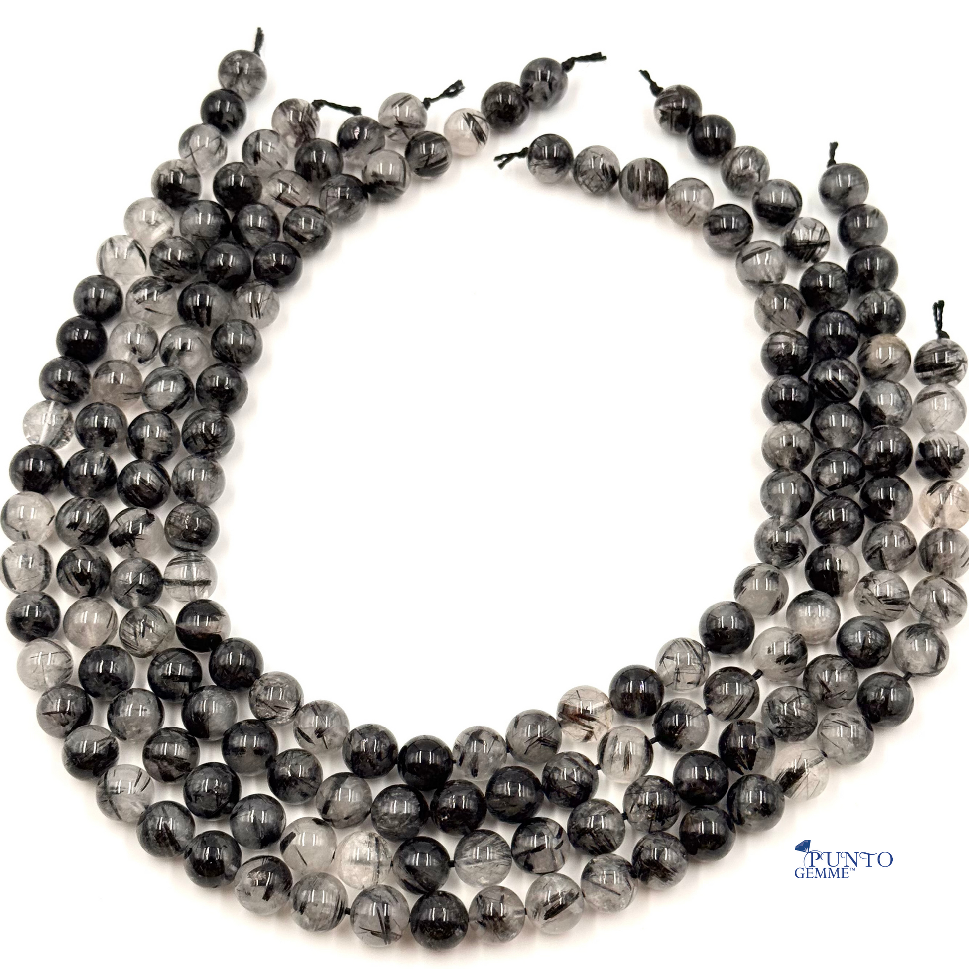 Filo di perle Quarzo Tormalinato Nero 6 mm, quarzo trasparente con aghi neri .