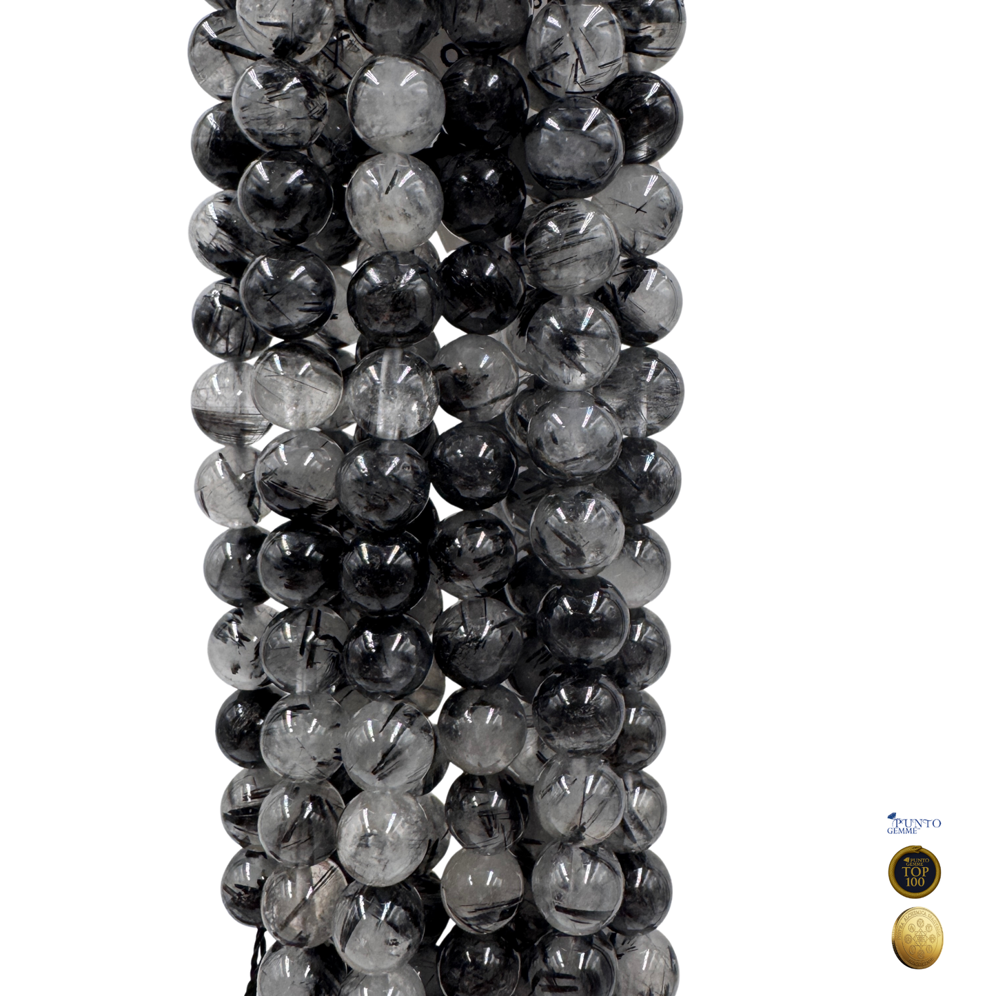 Filo di perle Quarzo Tormalinato Nero 8 mm, quarzo trasparente con aghi neri .