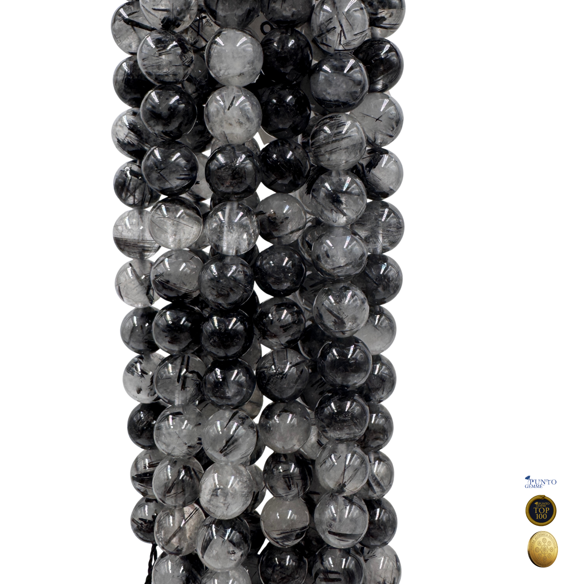 Filo di perle Quarzo Tormalinato Nero 10 mm, quarzo trasparente con aghi neri .