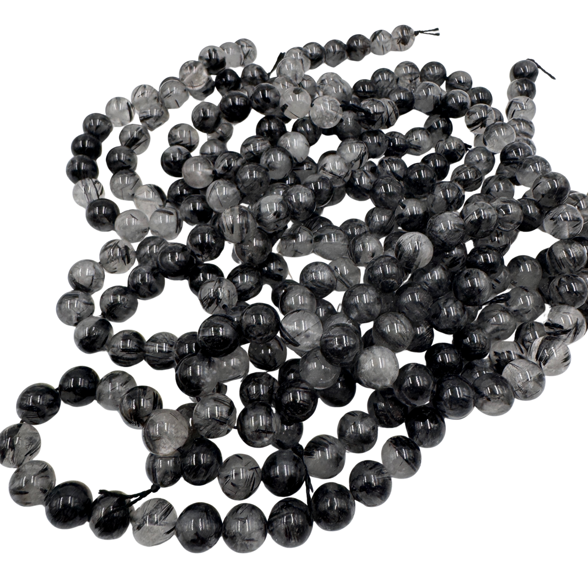 Fili di perle Quarzo Tormalinato Nero, quarzo trasparente con aghi neri 