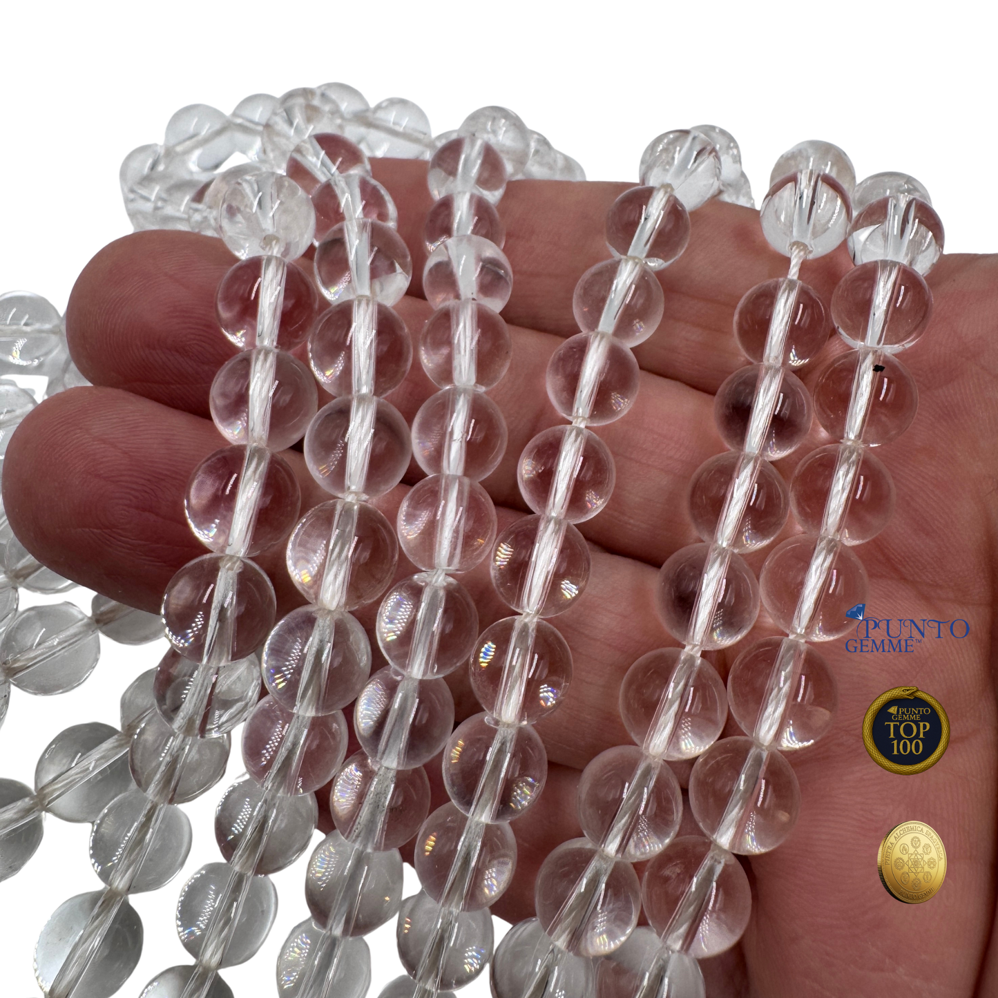 Dettaglio ravvicinato delle perle in Quarzo Ialino (PE0806-08) di 8 mm, evidenziando la qualità AA e la perfetta trasparenza.