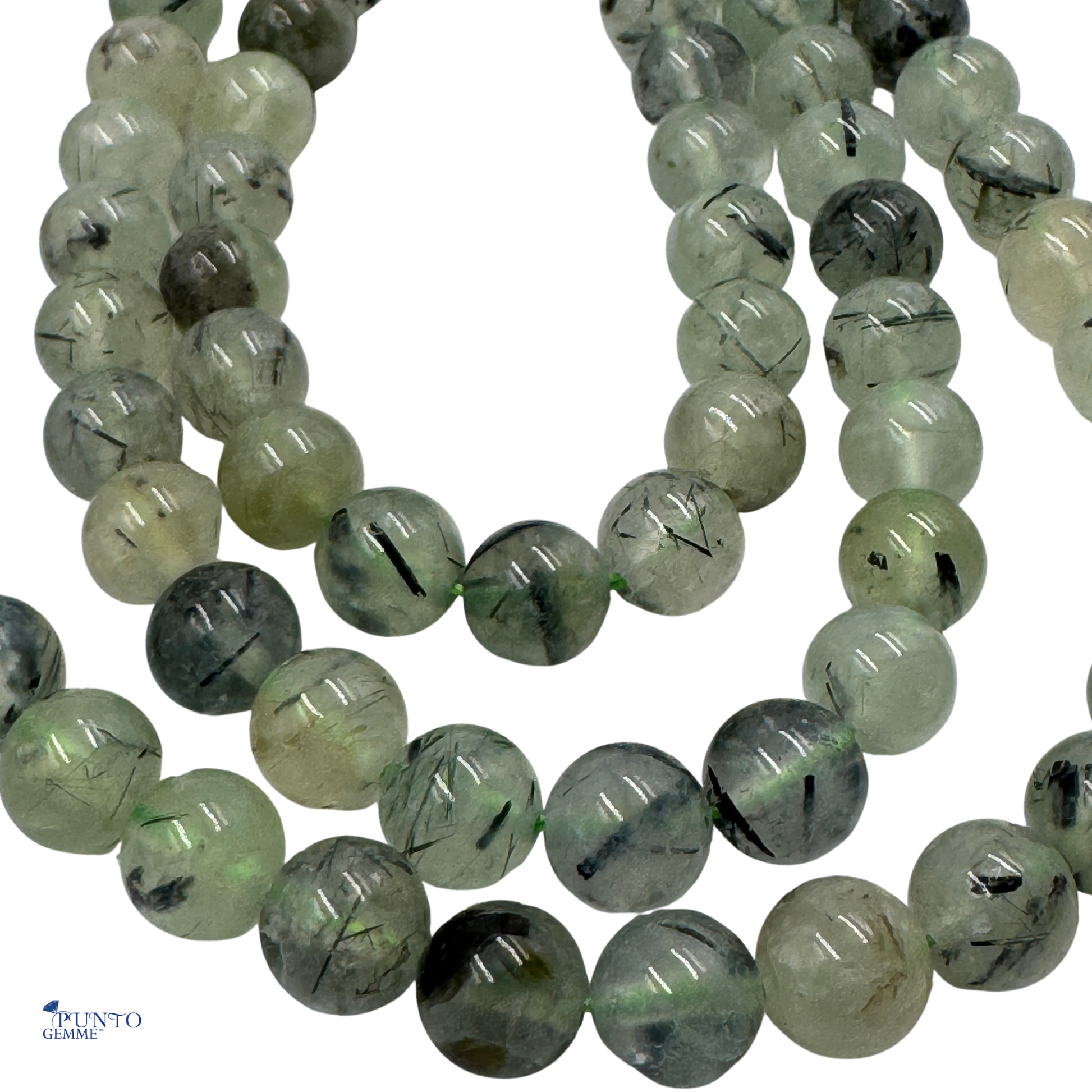 Filo di perle sferiche lisce di Prehnite naturale da 8 mm, con la caratteristica colorazione verde mela traslucida.