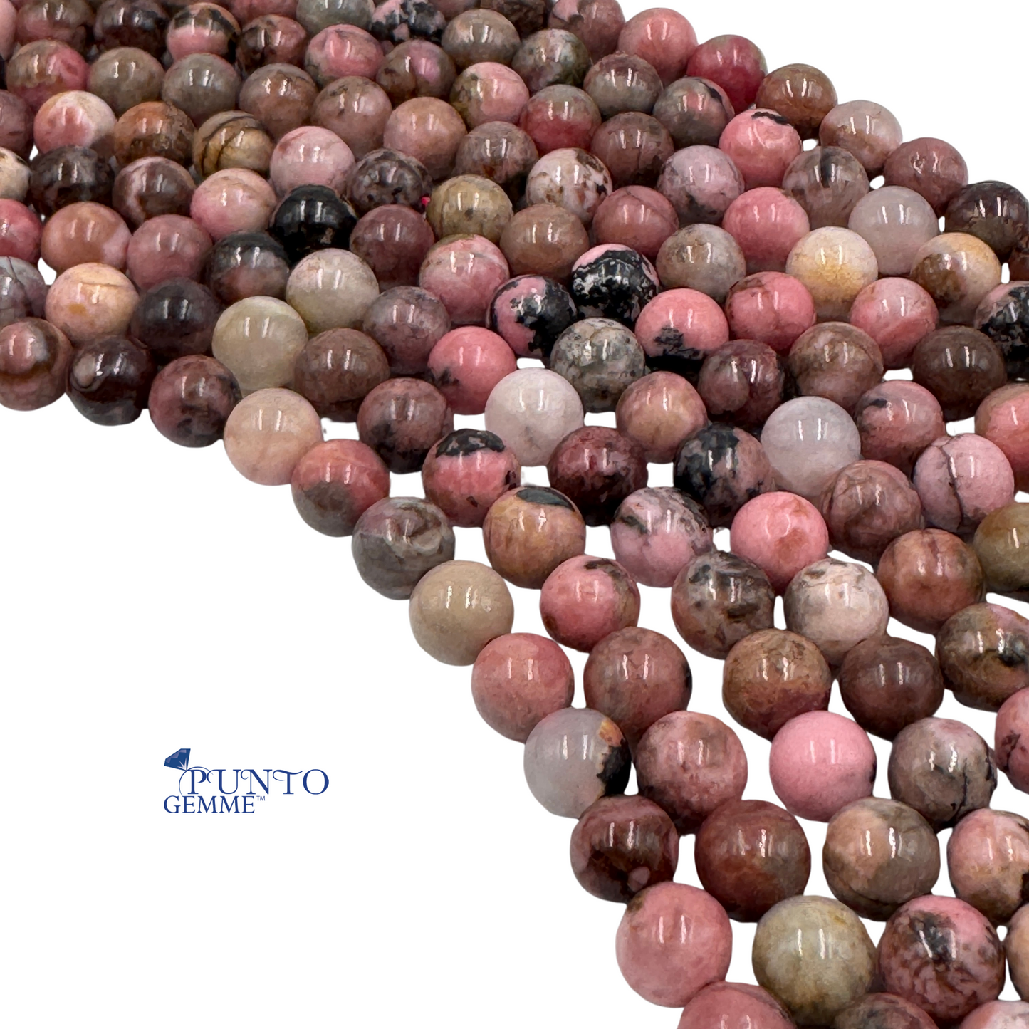 Filo di pietra dura Rodonite naturale 6mm, rosa-rosso con venature nere (PE0817-06).