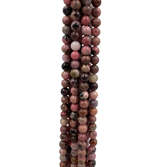 Filo di perle Rodonite naturale 6mm, rosa-rosso con venature nere (PE0817-06).