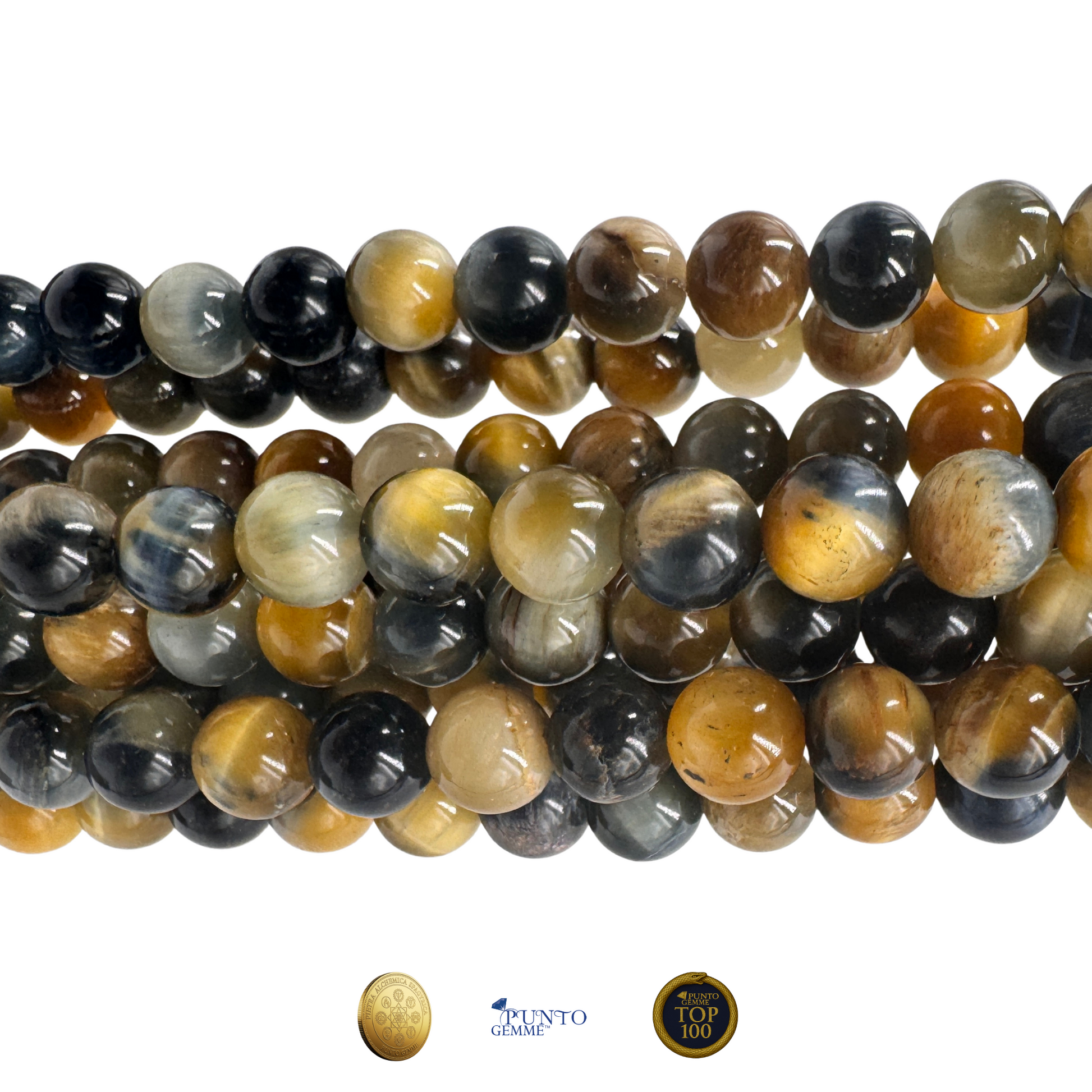 Primo piano delle perle, che mostra l'effetto chatoyance (occhio di gatto) e la lucentezza "Aurea".