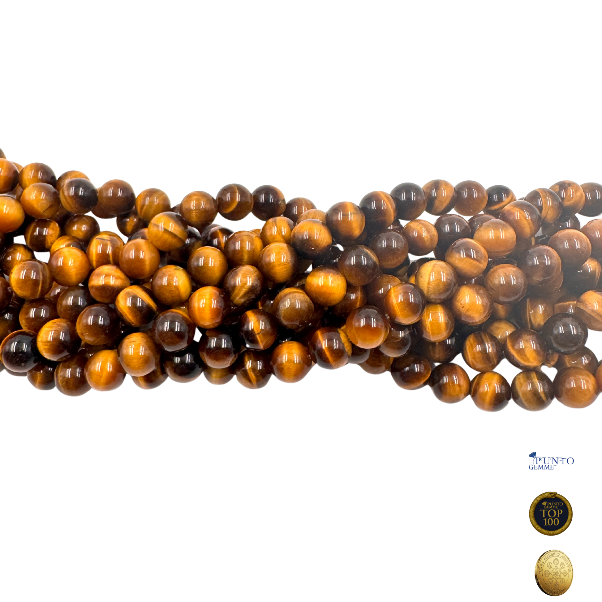 Primo piano del filo di Occhio di Tigre Naturale 8mm, che mostra il forte gatteggiamento dorato (TOP 100).