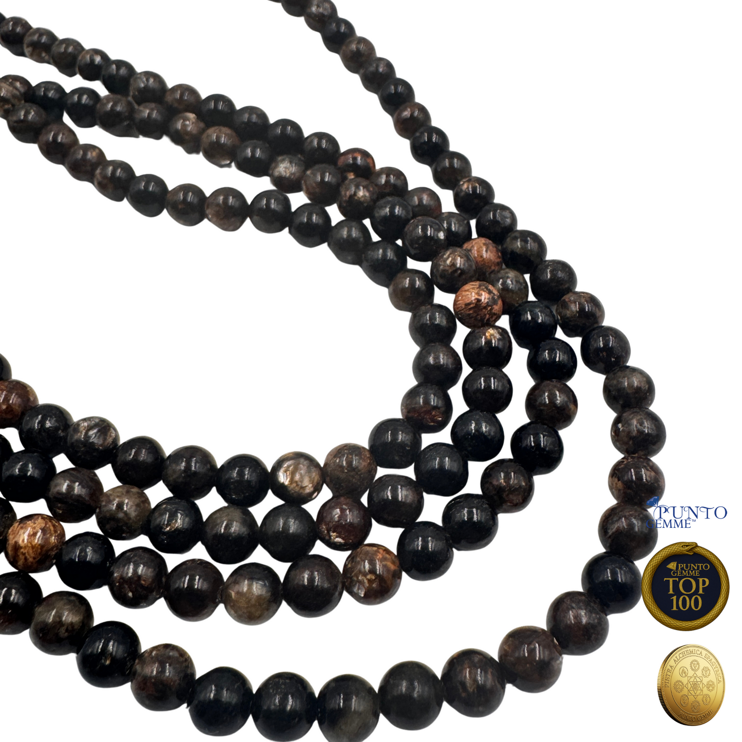 filo di Biotite 6mm su sfondo bianco, per evidenziare la dimensione delle perle. Top 100