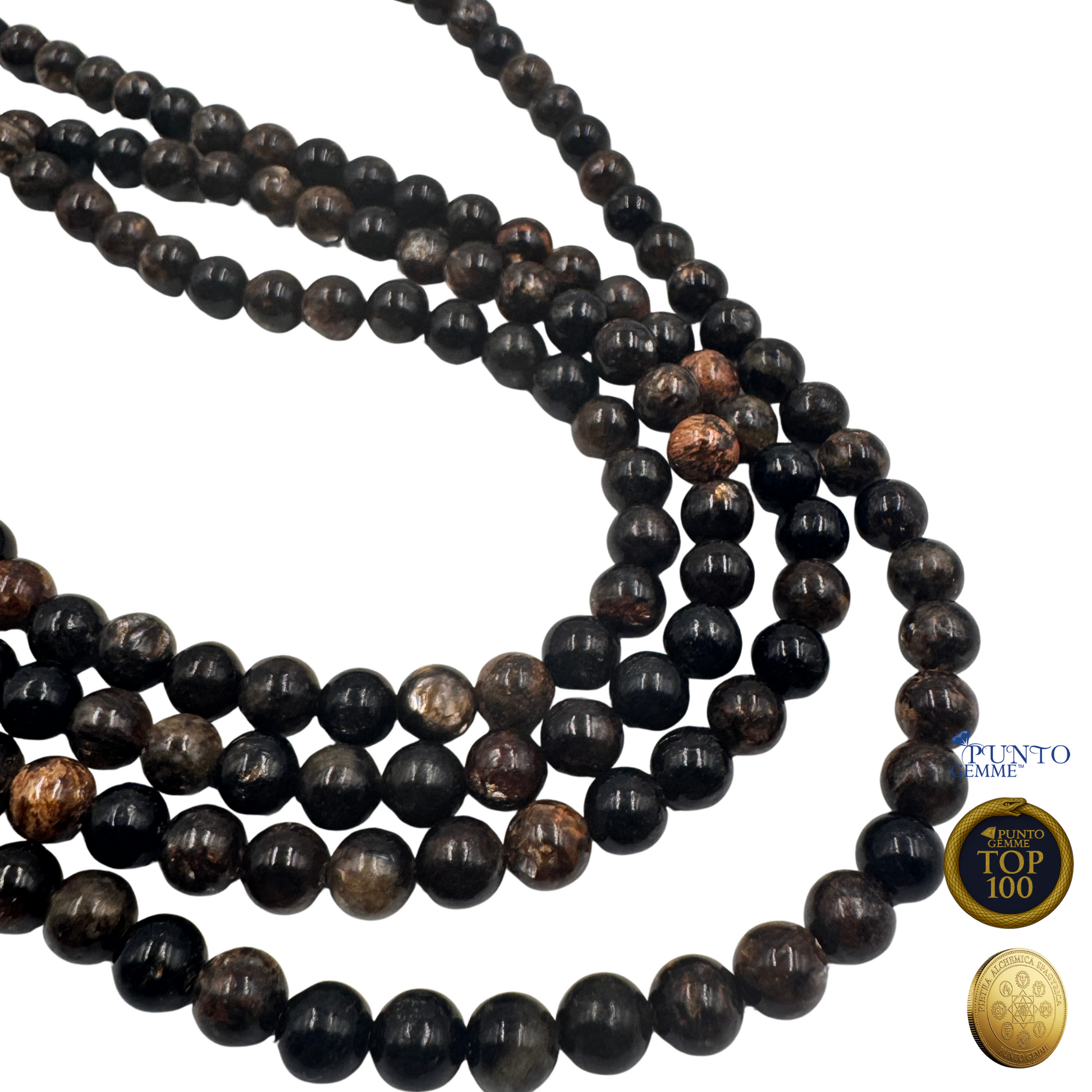 filo di Biotite 6mm su sfondo bianco, per evidenziare la dimensione delle perle. Top 100