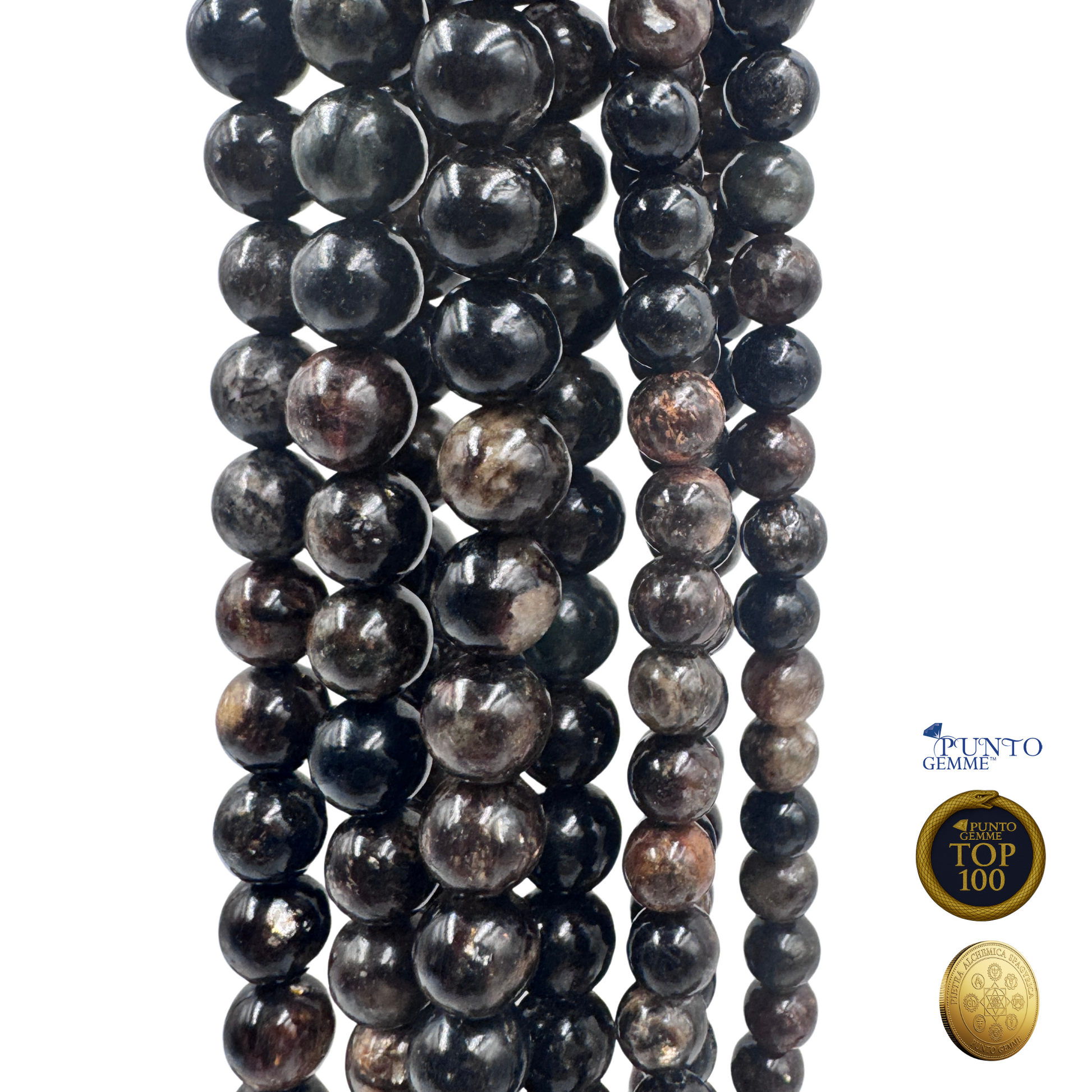 Primo piano delle perle di Biotite, che mostra la texture scura, venature e lucentezza naturale.