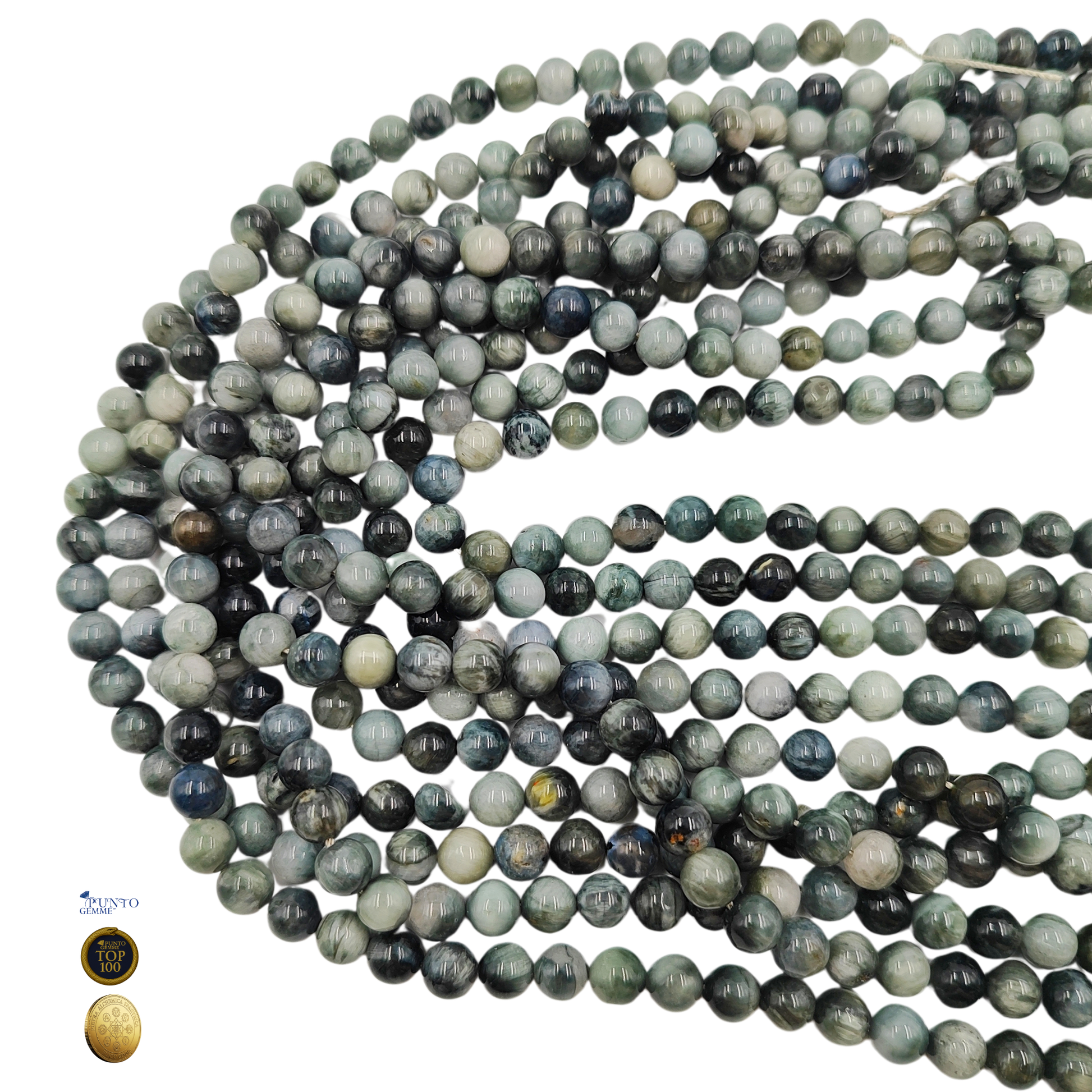 Fili di Occhio d'Aquila 8mm mostrando l'uniformità delle perle e la qualità TOP100.