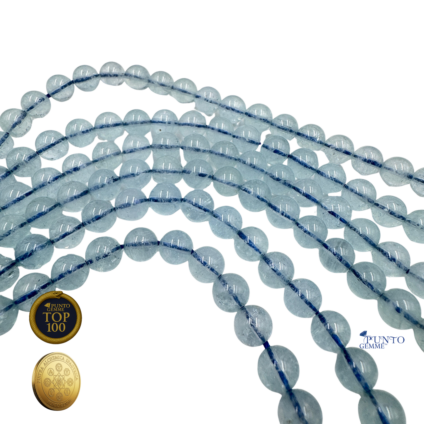 Primo piano delle perle Acquamarina, che mostra l'alta trasparenza , Punto Gemme PE0930-08