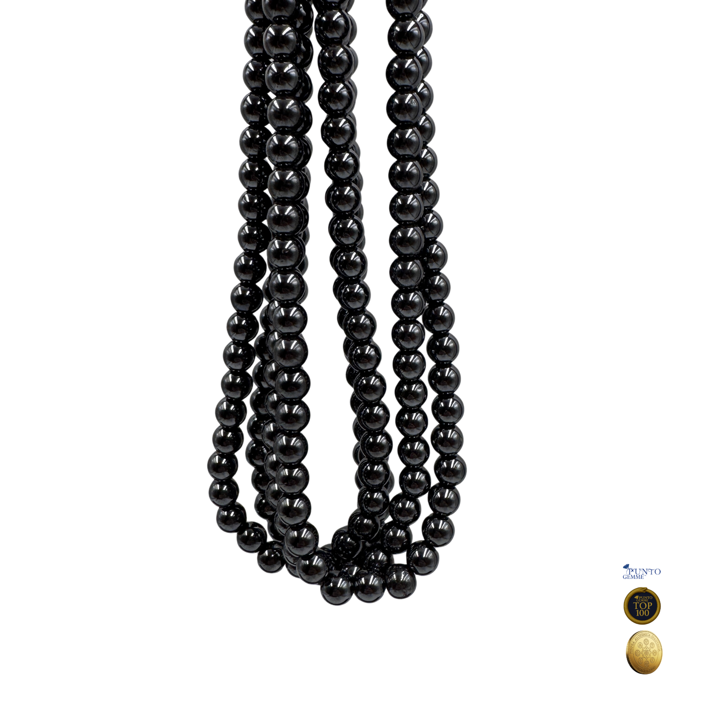 Primo piano del filo di Ematite Naturale, perle lisce 8 mm, con colore nero e lucentezza metallica.