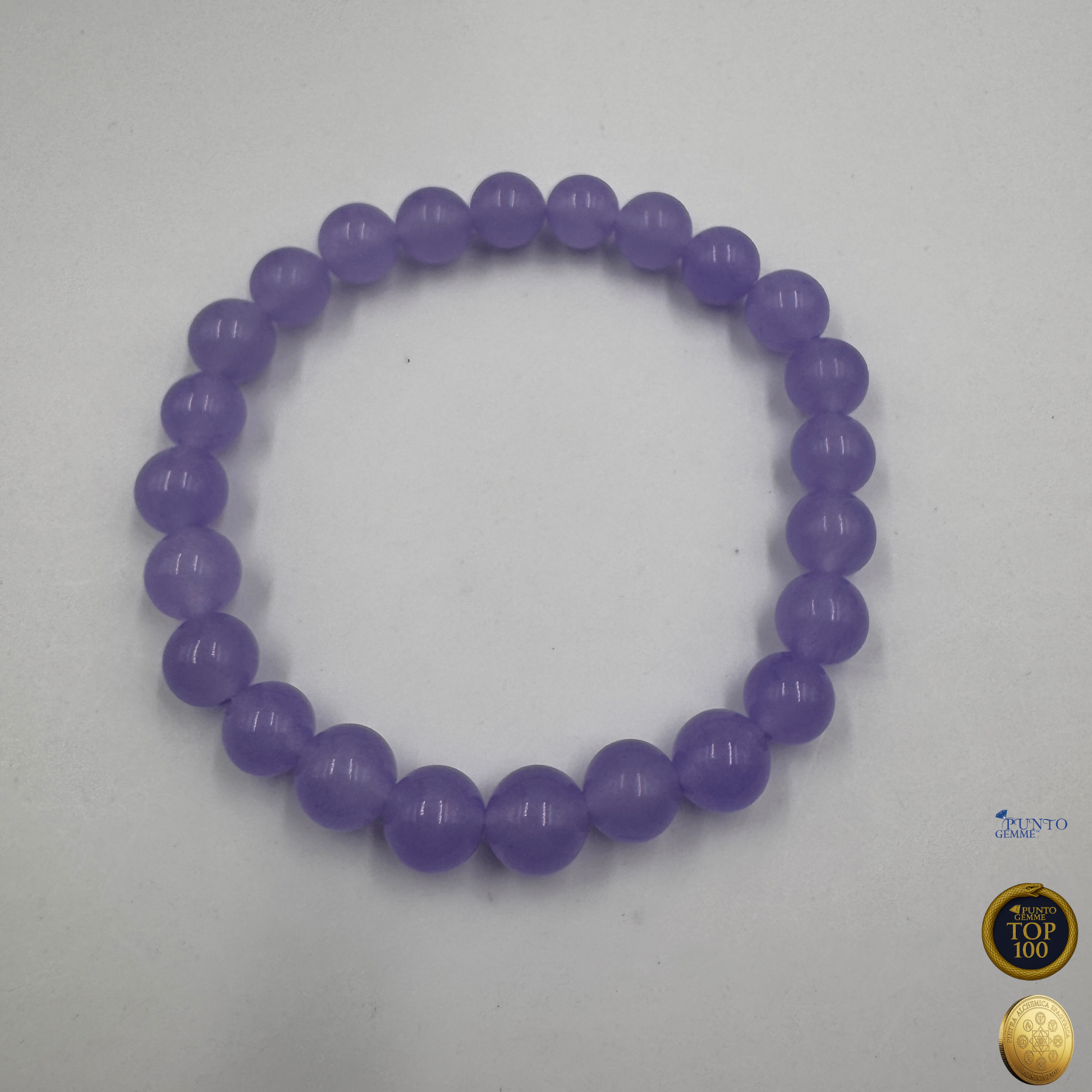 Bracciale Calcedonio Lavanda, Punto Gemme, Top100 e  Pietra aurea, 8mm tondo liscio (Taglia L)