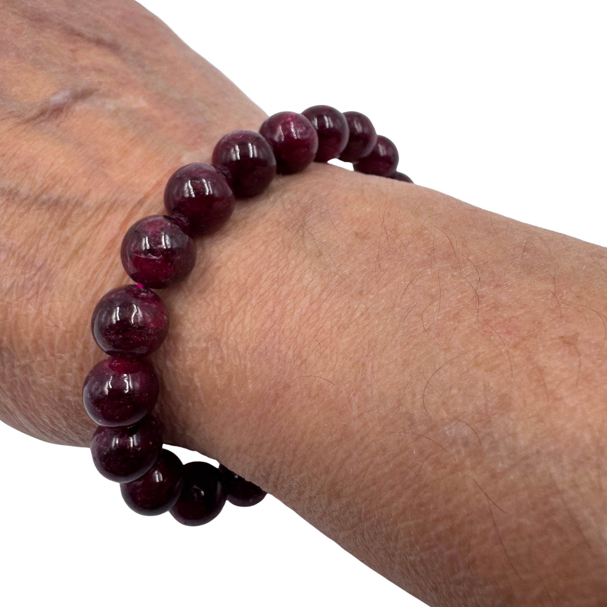 Bracciale in Rubino Birmania naturale 10 mm calibrato PE6008-10, perle tonda liscia color Sangue di Piccione.