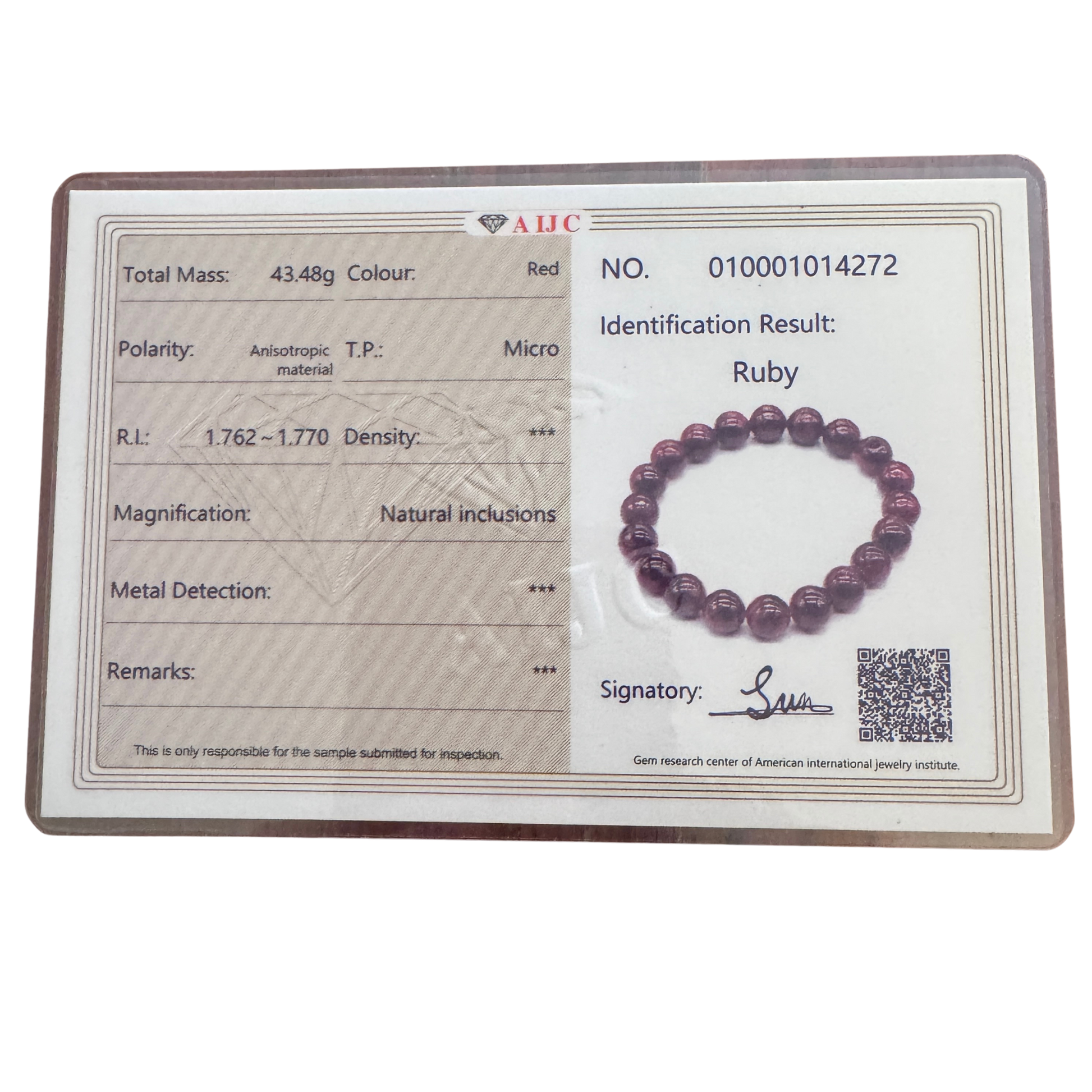 PE6008-10 con certificato gemmologico individuale che ne attesta la qualità superiore e la calibrazione.