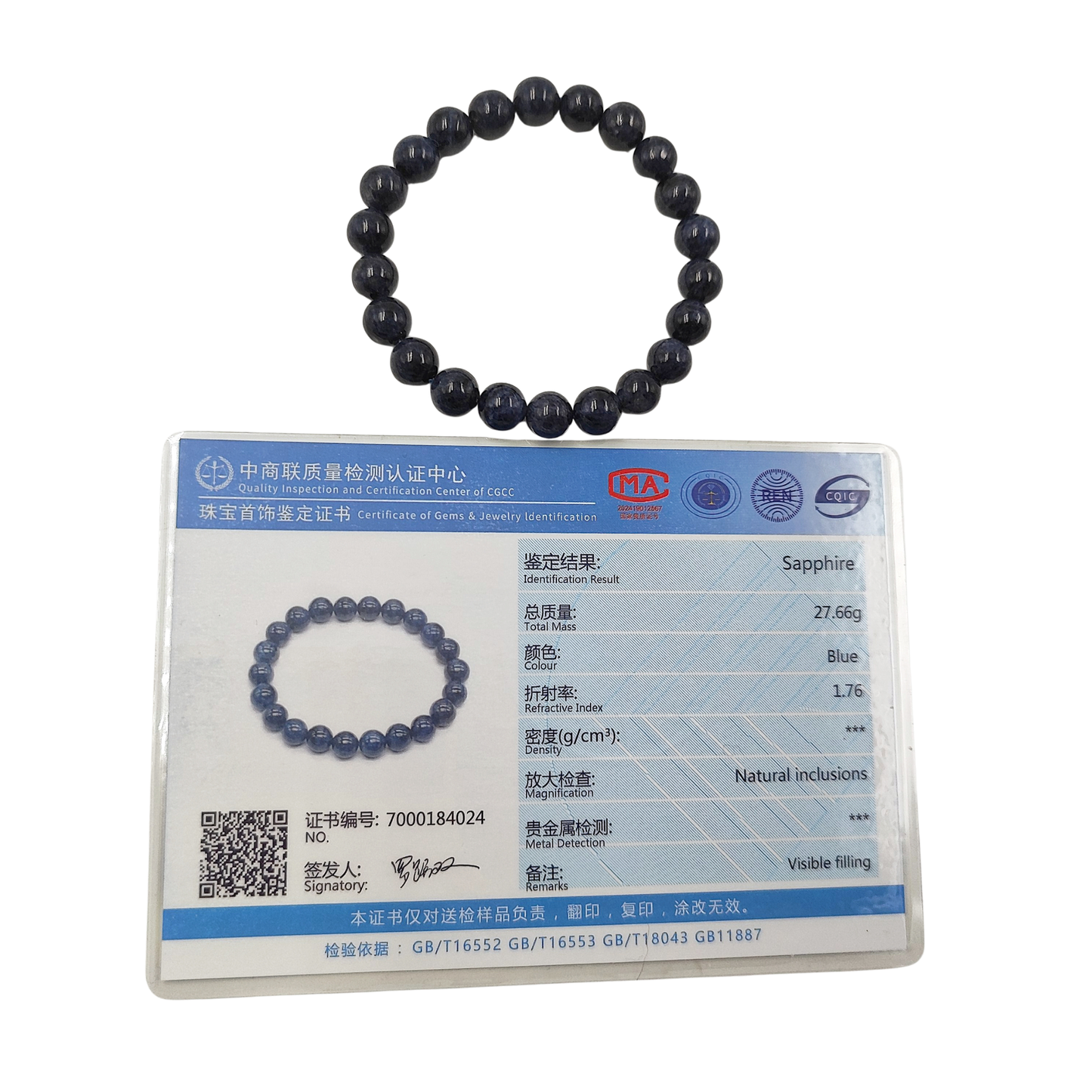 Certificato gemmologico di identificazione per bracciale di zaffiro blu con peso di 24.28g e indice di rifrazione 1.76.