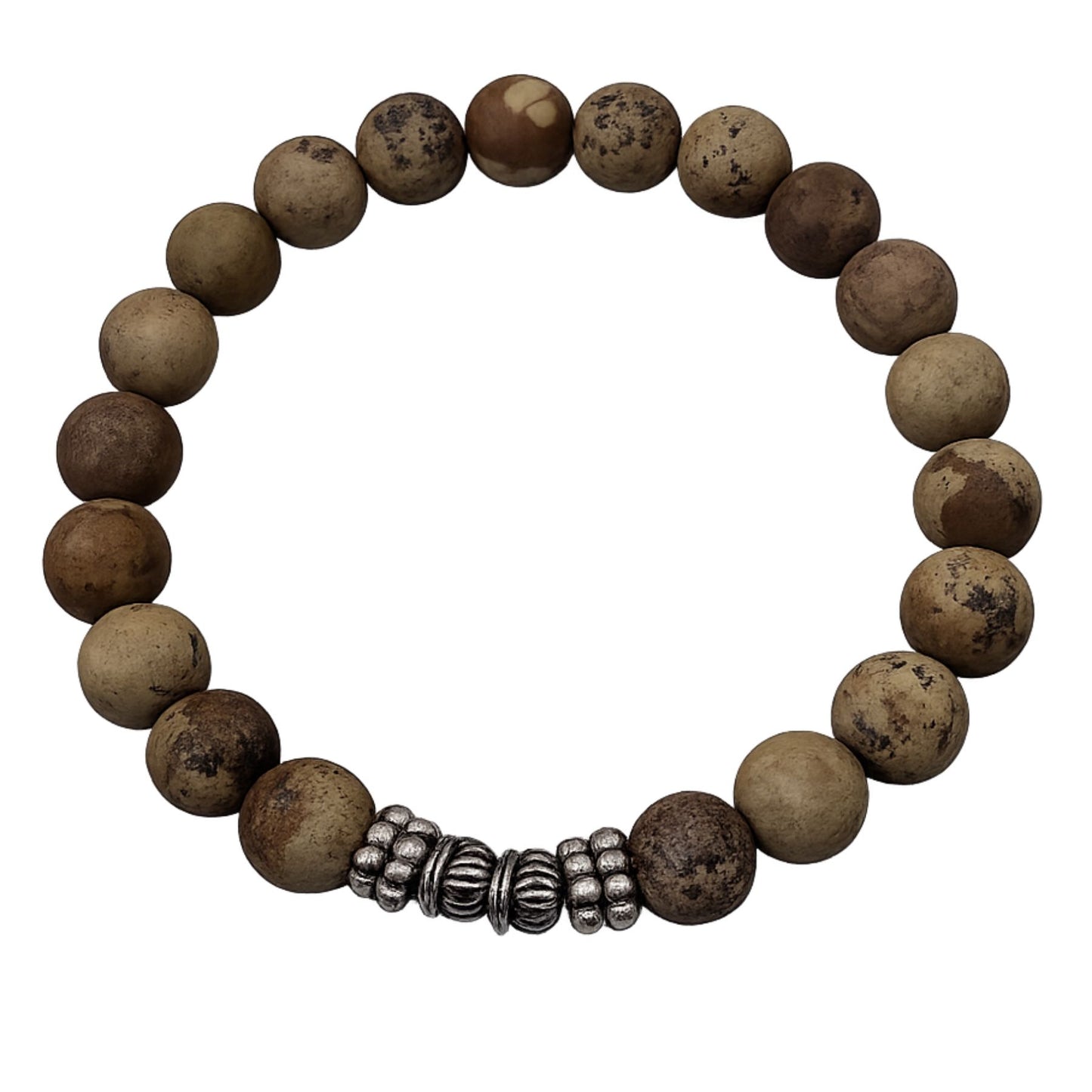 Bracciale elastico Gemmopoli in Diaspro Opaco naturale 8 mm con inserto metallico sfondo bianco per social