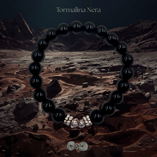 Bracciale elastico Gemmopoli in Tormalina Nera naturale 8 mm con inserto metallico Nickel Free PE8004