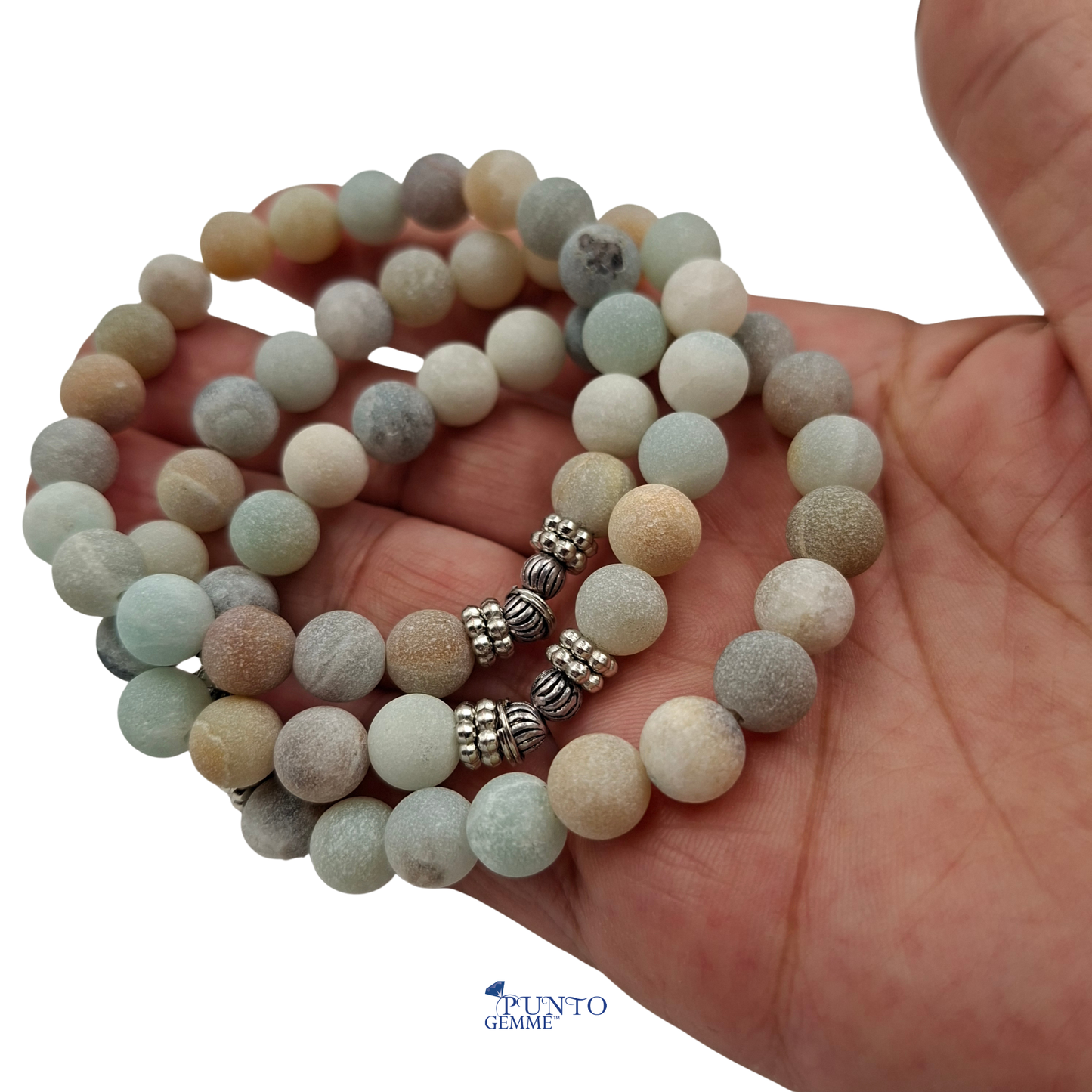 Bracciale elastico in Amazzonite (Microclino) Tonda Liscia con inserto metallico nichel-free.