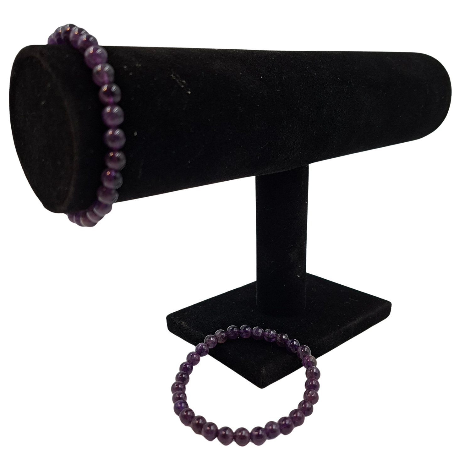 Scatto del bracciale elastico Ametista su espositore nero che ne evidenzia la finitura liscia.