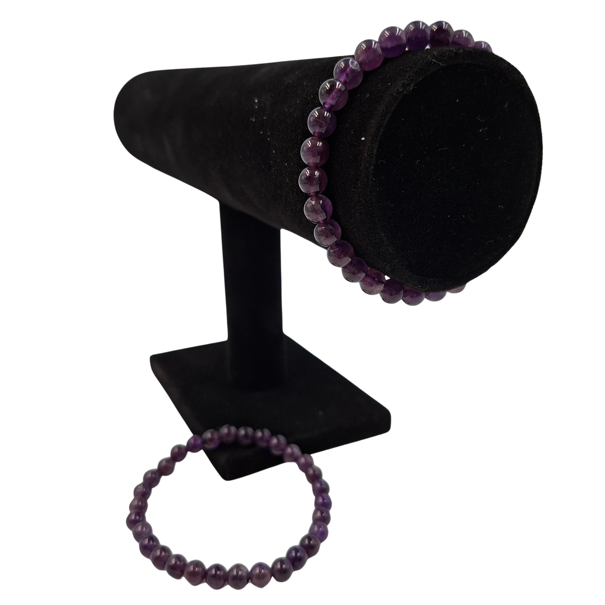 Bracciale elastico in Ametista, Punto Gemme Tonda Liscia 6mm, che mostra le tonalità viola.