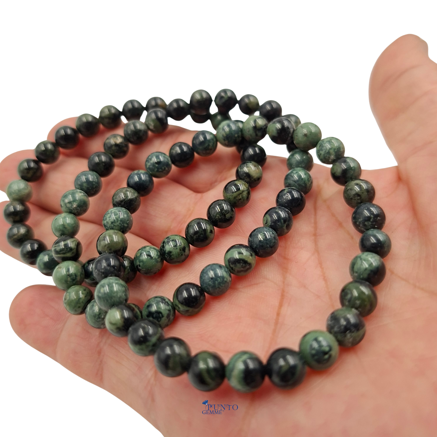 Bracciale elastico in Diaspro Kambaba, Tonda Liscia , che mostra i colori verde scuro e nero.