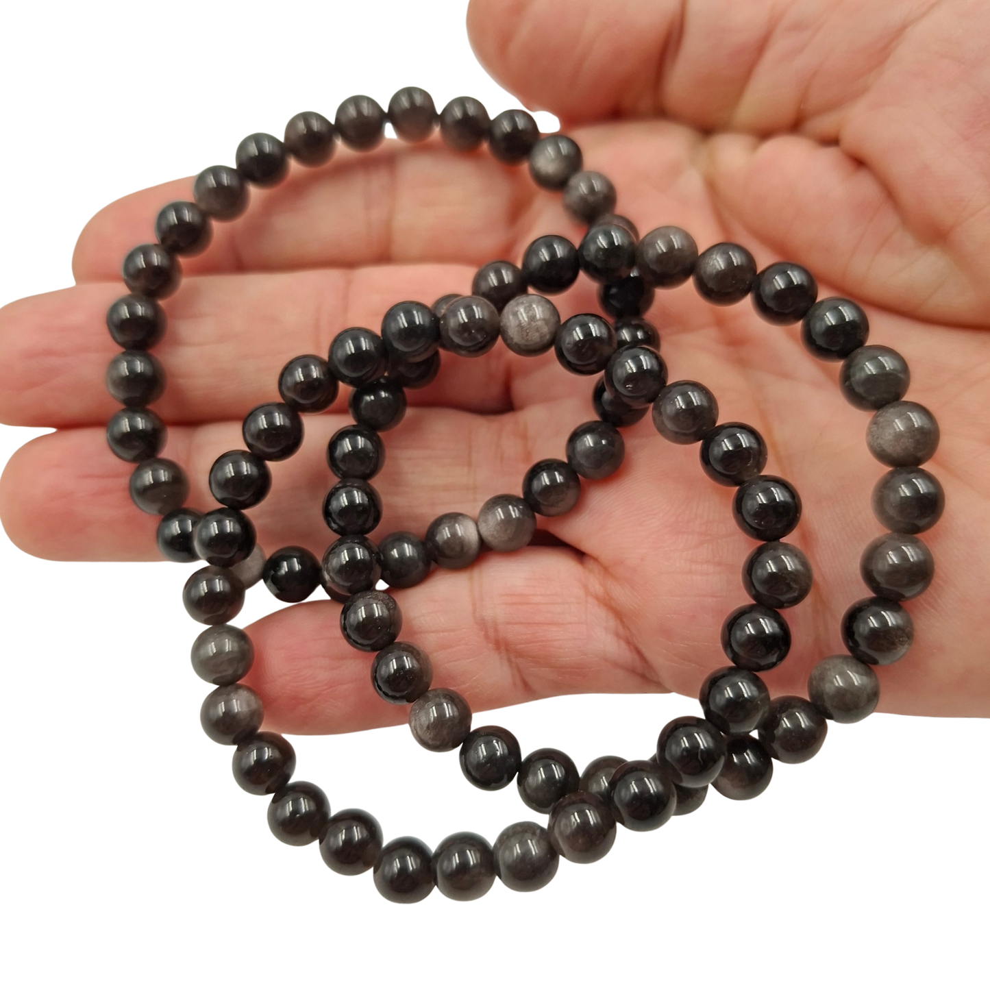 Bracciale Elastico in Pietre Naturali Ossidiana Tonda Liscia 6 mm • Codice PE8008